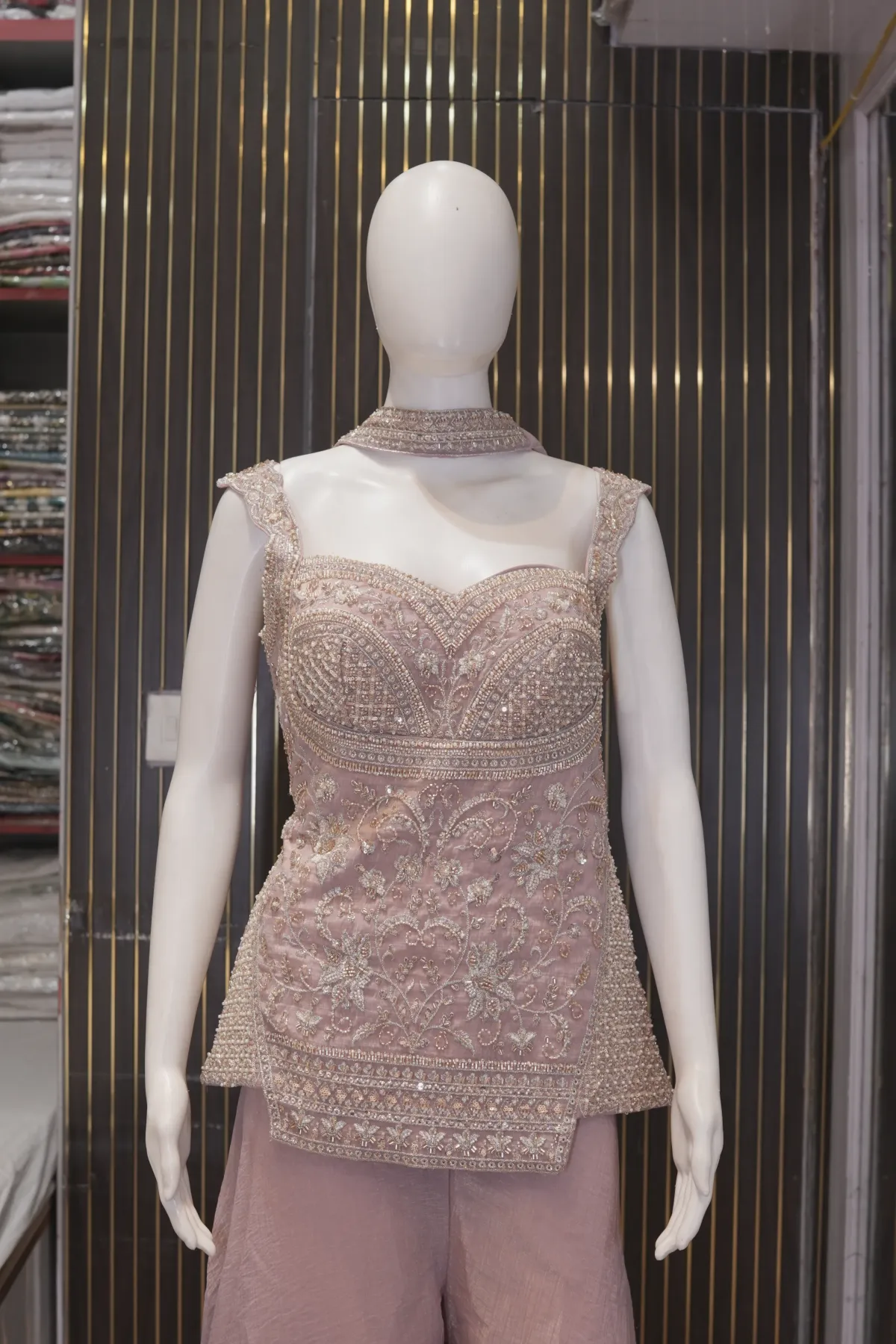 Dusty Mauve Embroidered Peplum Top with Wide-Leg Palazzo Pants thumbnail 3