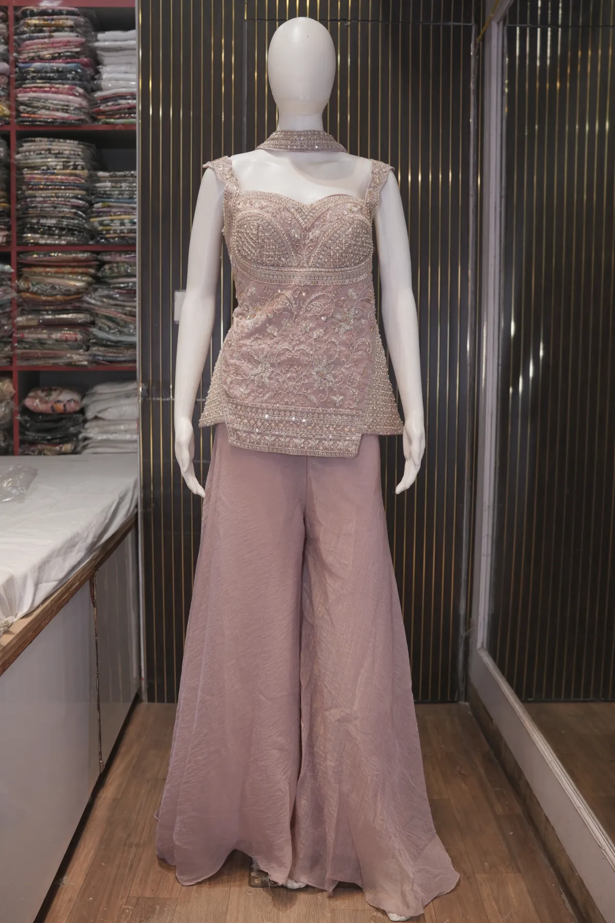 Dusty Mauve Embroidered Peplum Top with Wide-Leg Palazzo Pants thumbnail 2