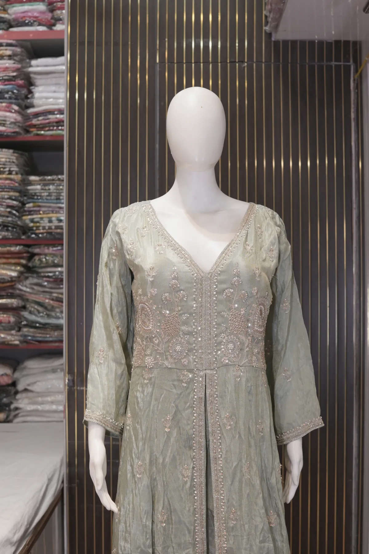Sage Green Embroidered Kurta Palazzo Set with Dupatta thumbnail 6