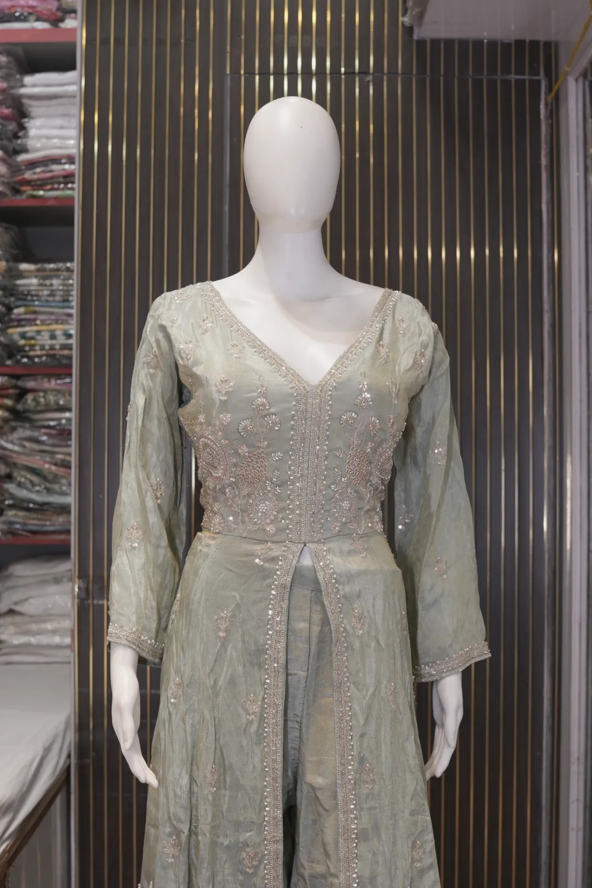 Sage Green Embroidered Kurta Palazzo Set with Dupatta thumbnail 5
