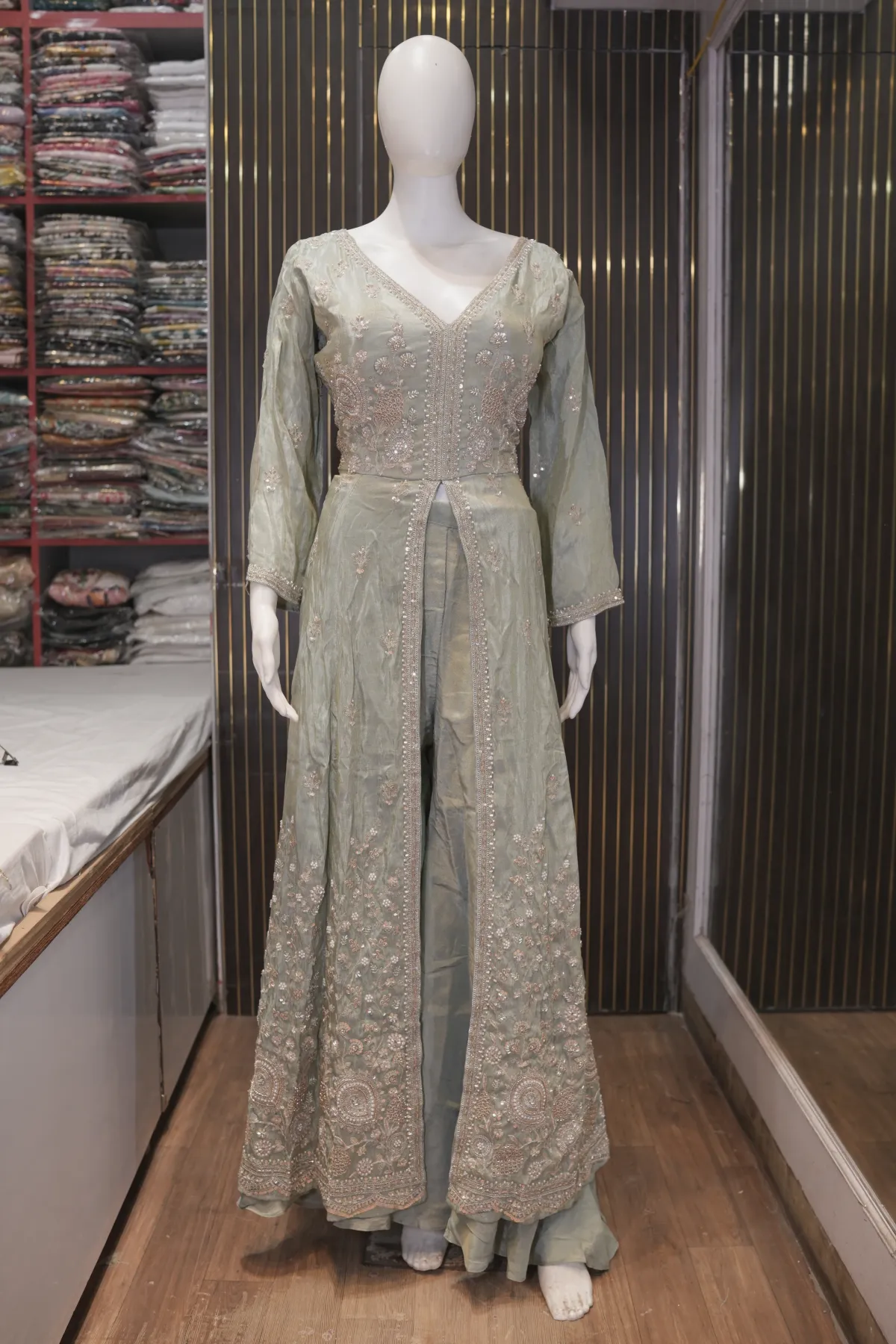 Sage Green Embroidered Kurta Palazzo Set with Dupatta thumbnail 4