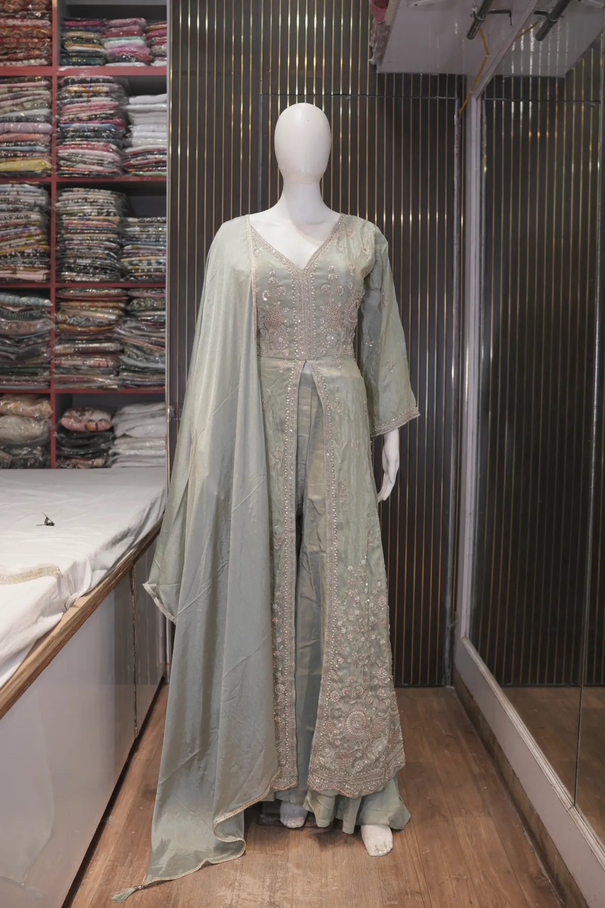 Sage Green Embroidered Kurta Palazzo Set with Dupatta thumbnail 2