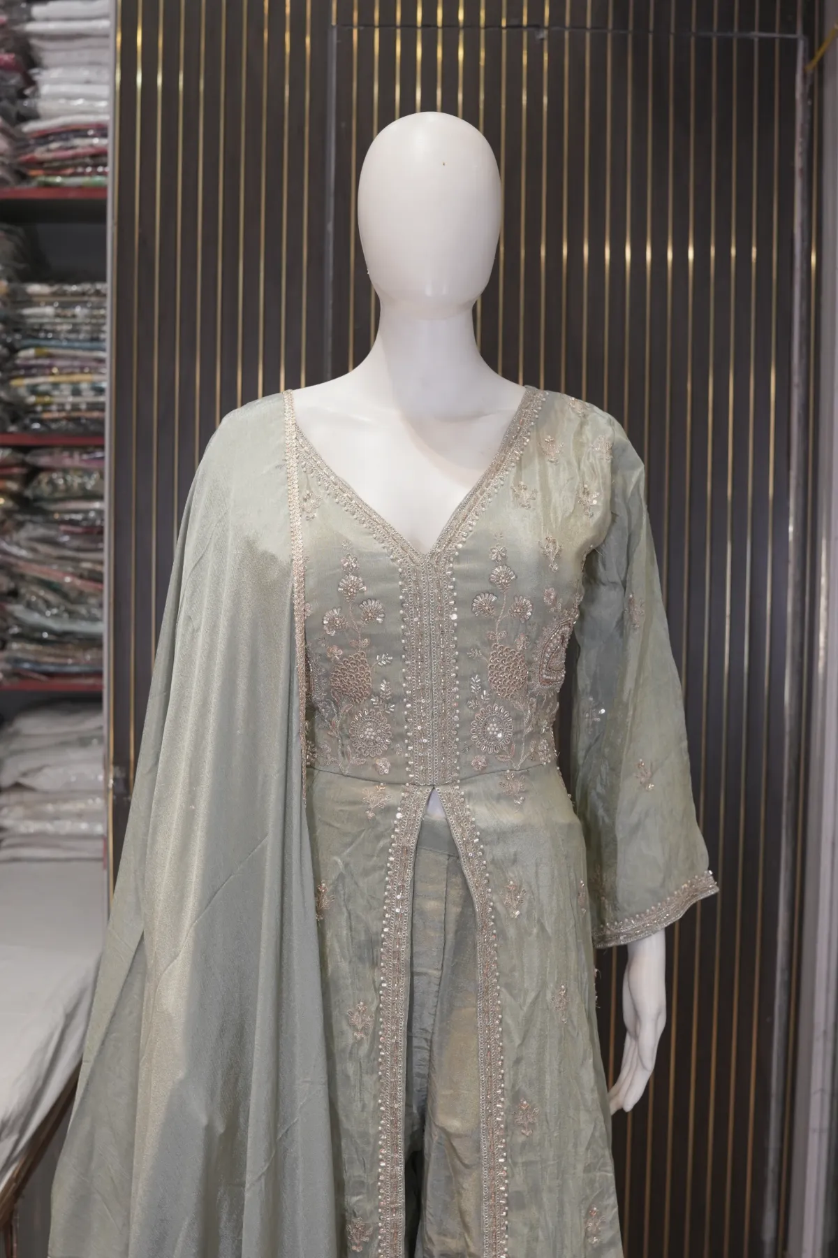 Sage Green Embroidered Kurta Palazzo Set with Dupatta thumbnail 3