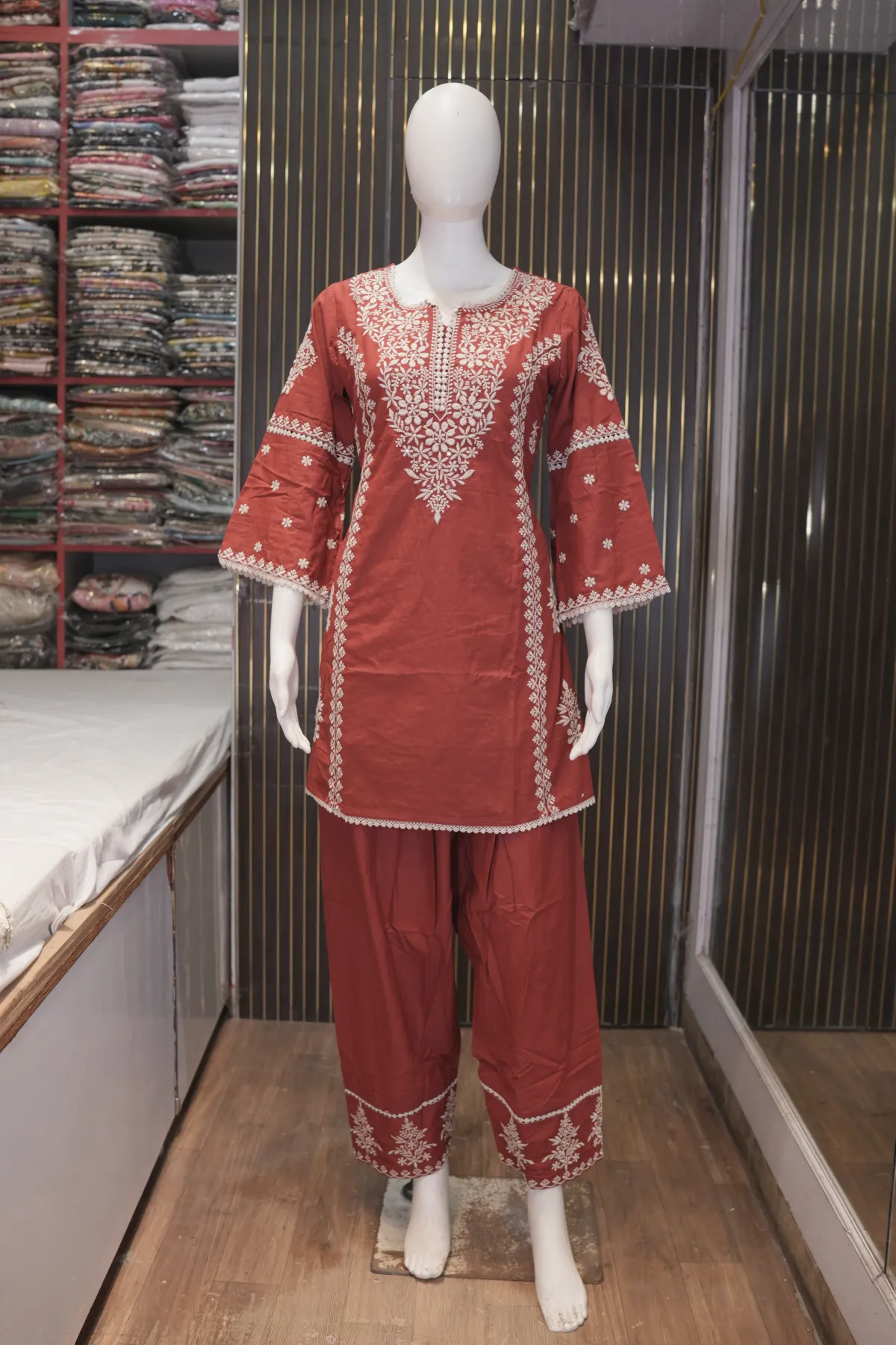 Rust Red Embroidered Kurta Salwar Set with Dupatta thumbnail 4