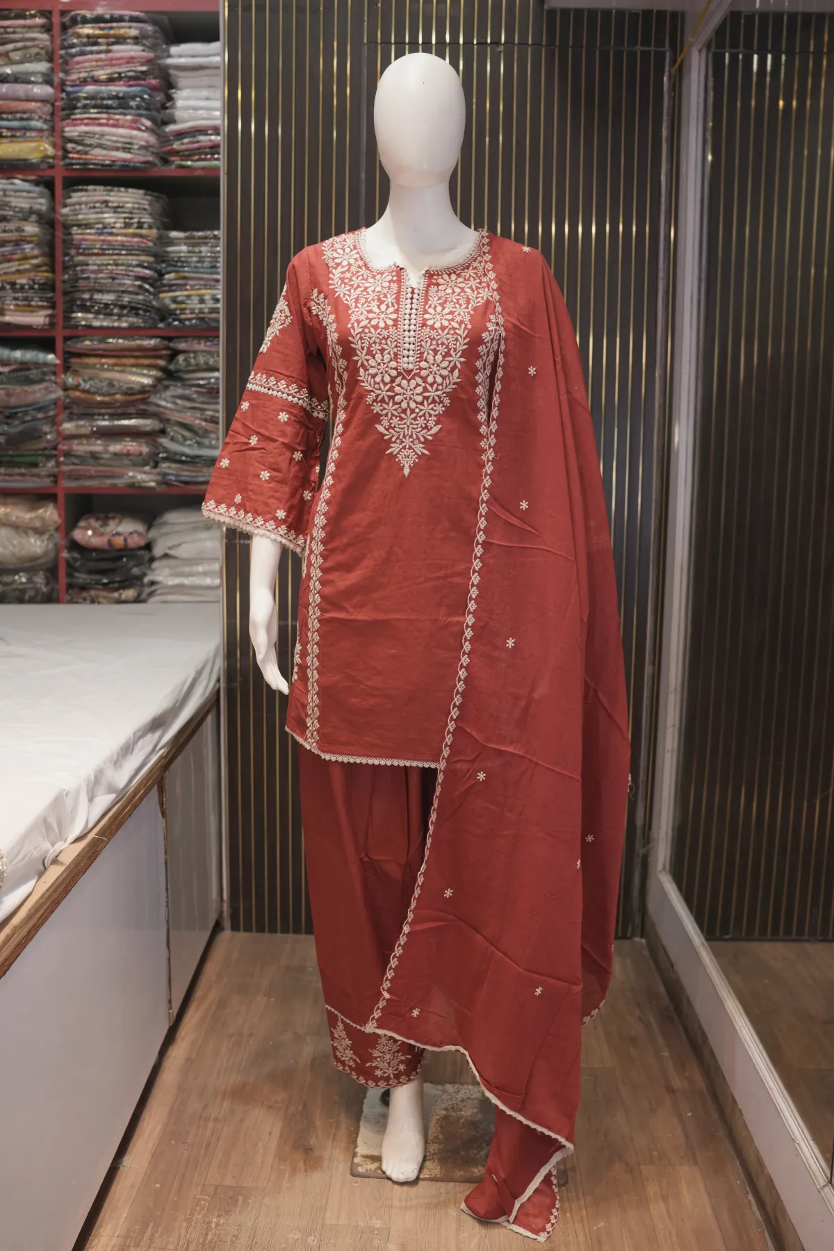 Rust Red Embroidered Kurta Salwar Set with Dupatta thumbnail 2