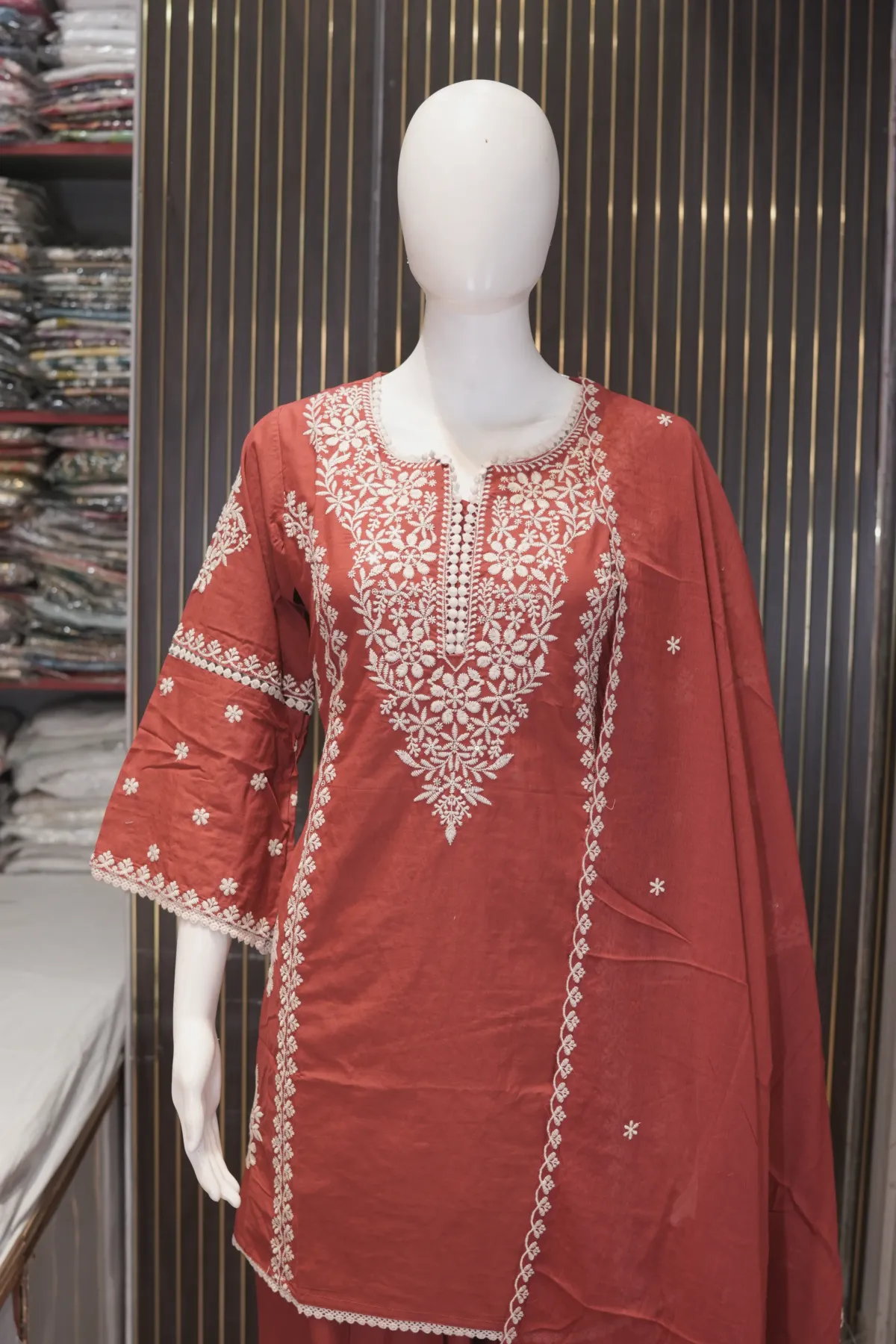 Rust Red Embroidered Kurta Salwar Set with Dupatta thumbnail 3