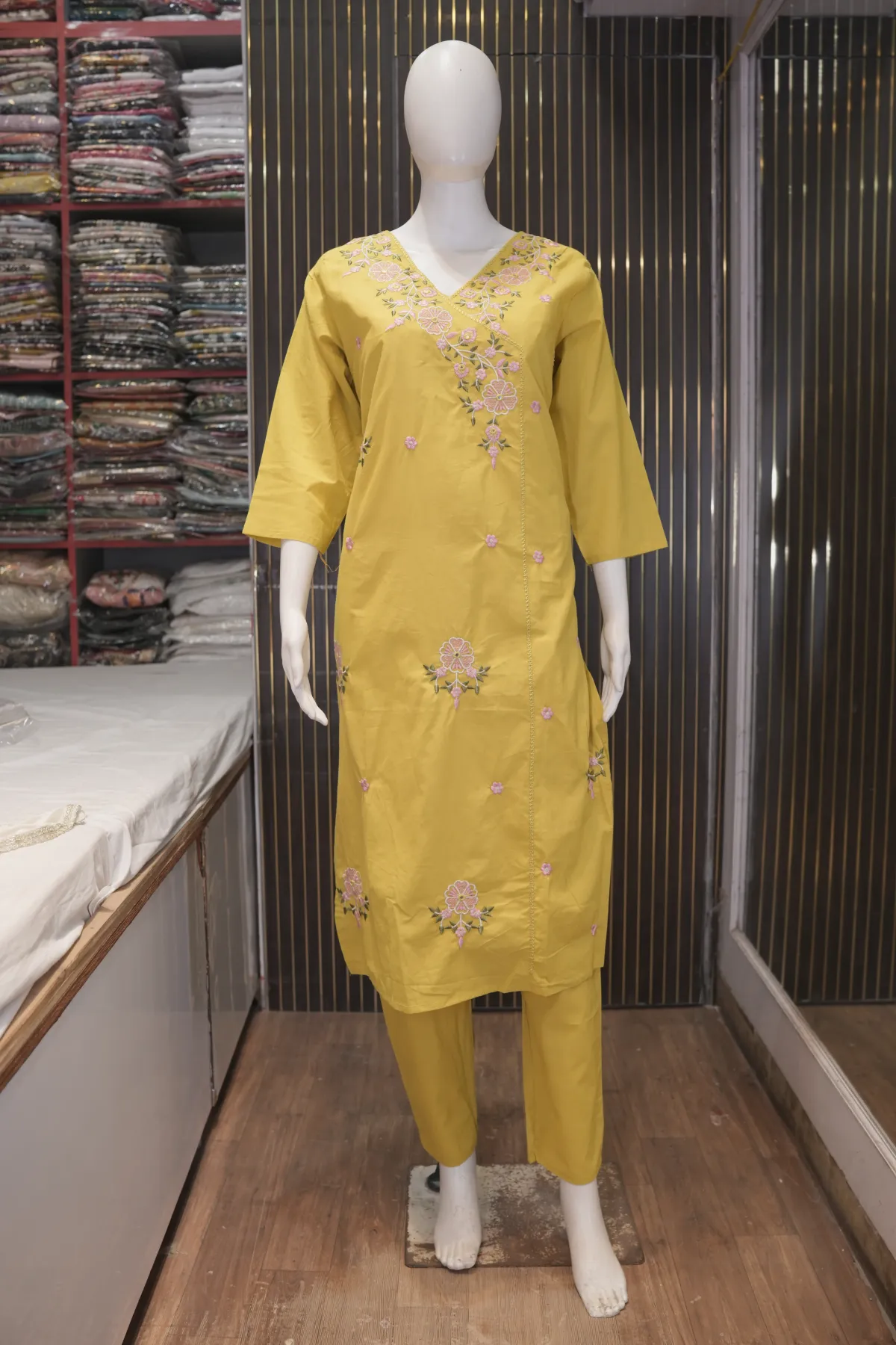 Mustard Yellow Embroidered Straight Kurta Pant Set with Dupatta thumbnail 4