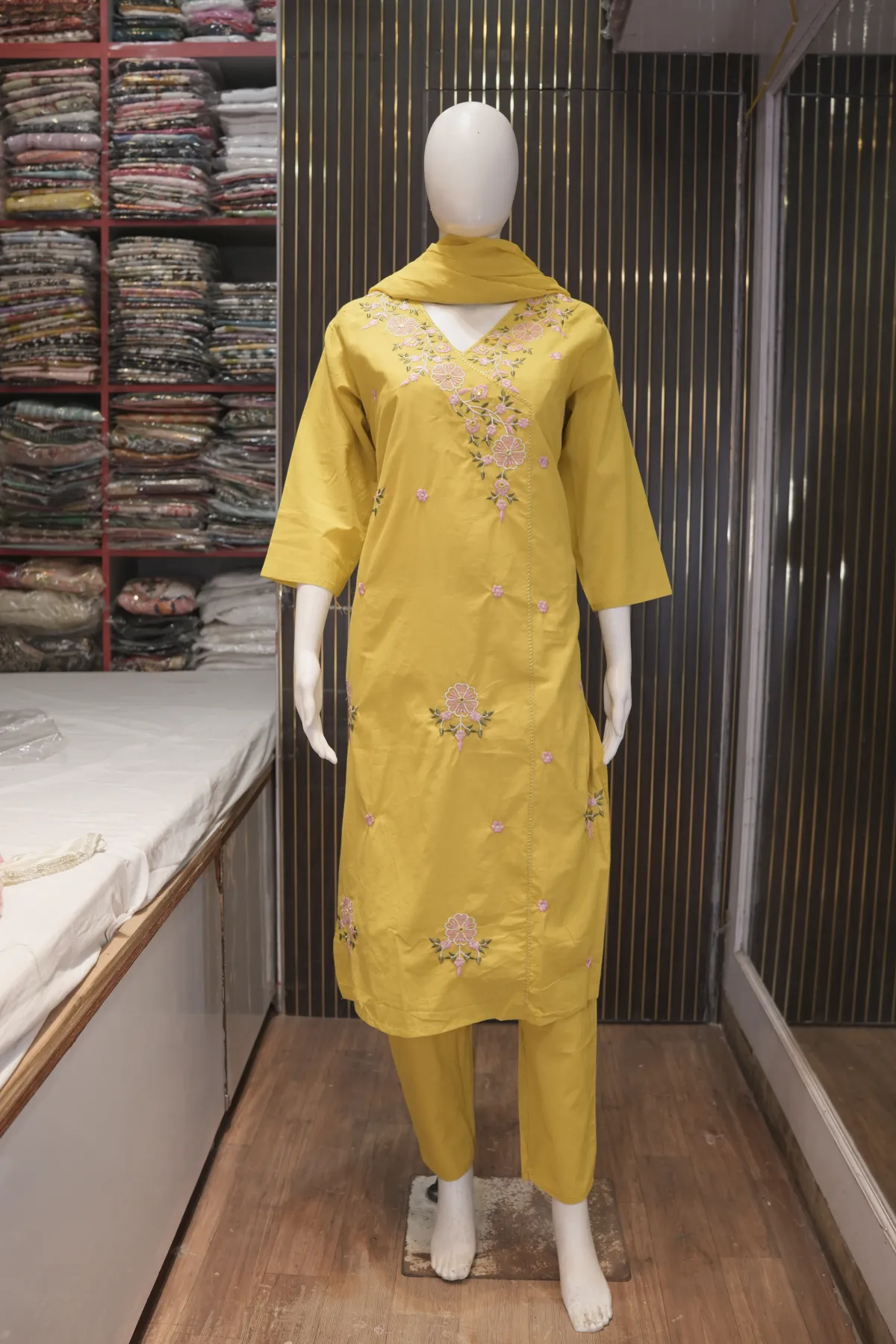 Mustard Yellow Embroidered Straight Kurta Pant Set with Dupatta thumbnail 2