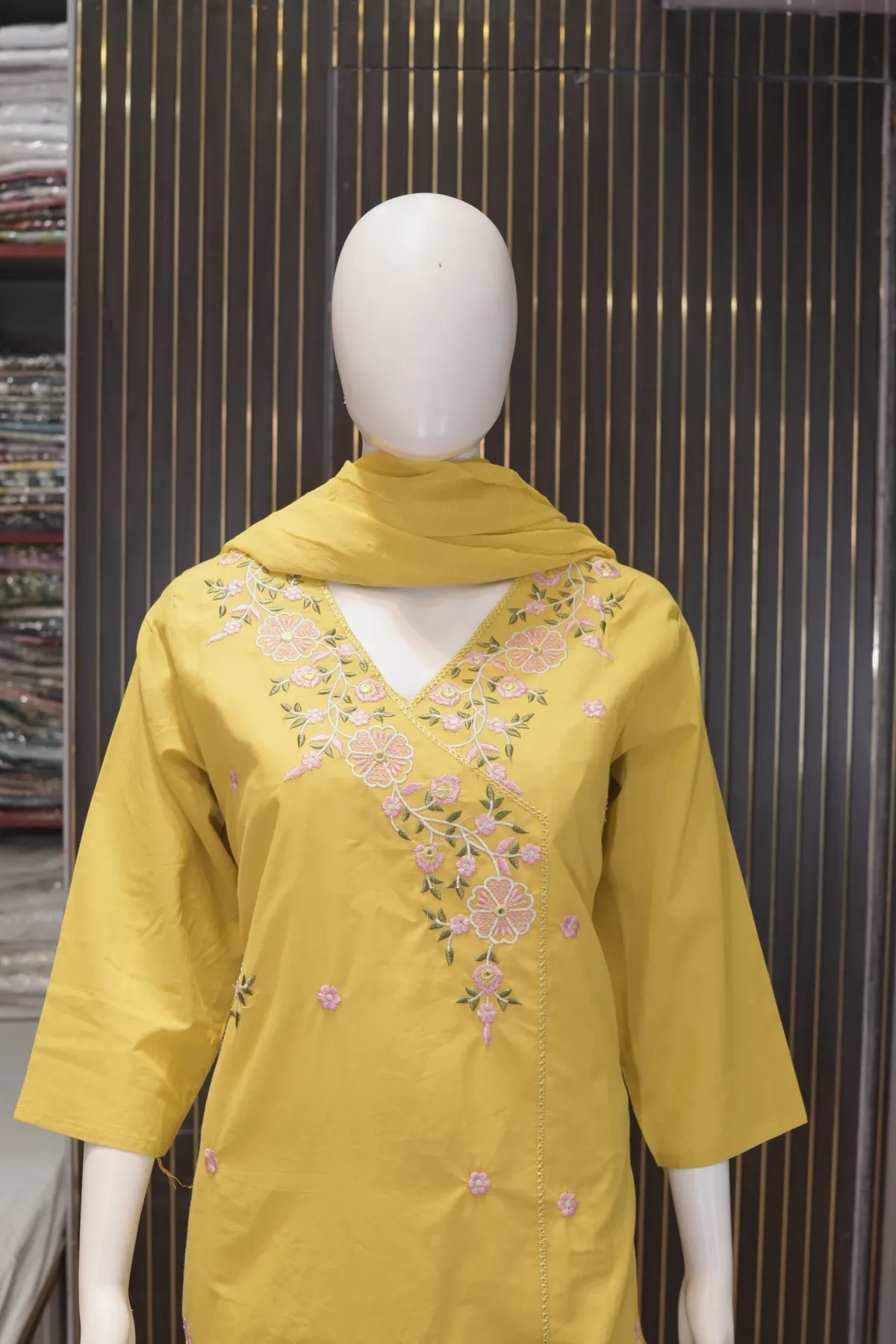 Mustard Yellow Embroidered Straight Kurta Pant Set with Dupatta thumbnail 3