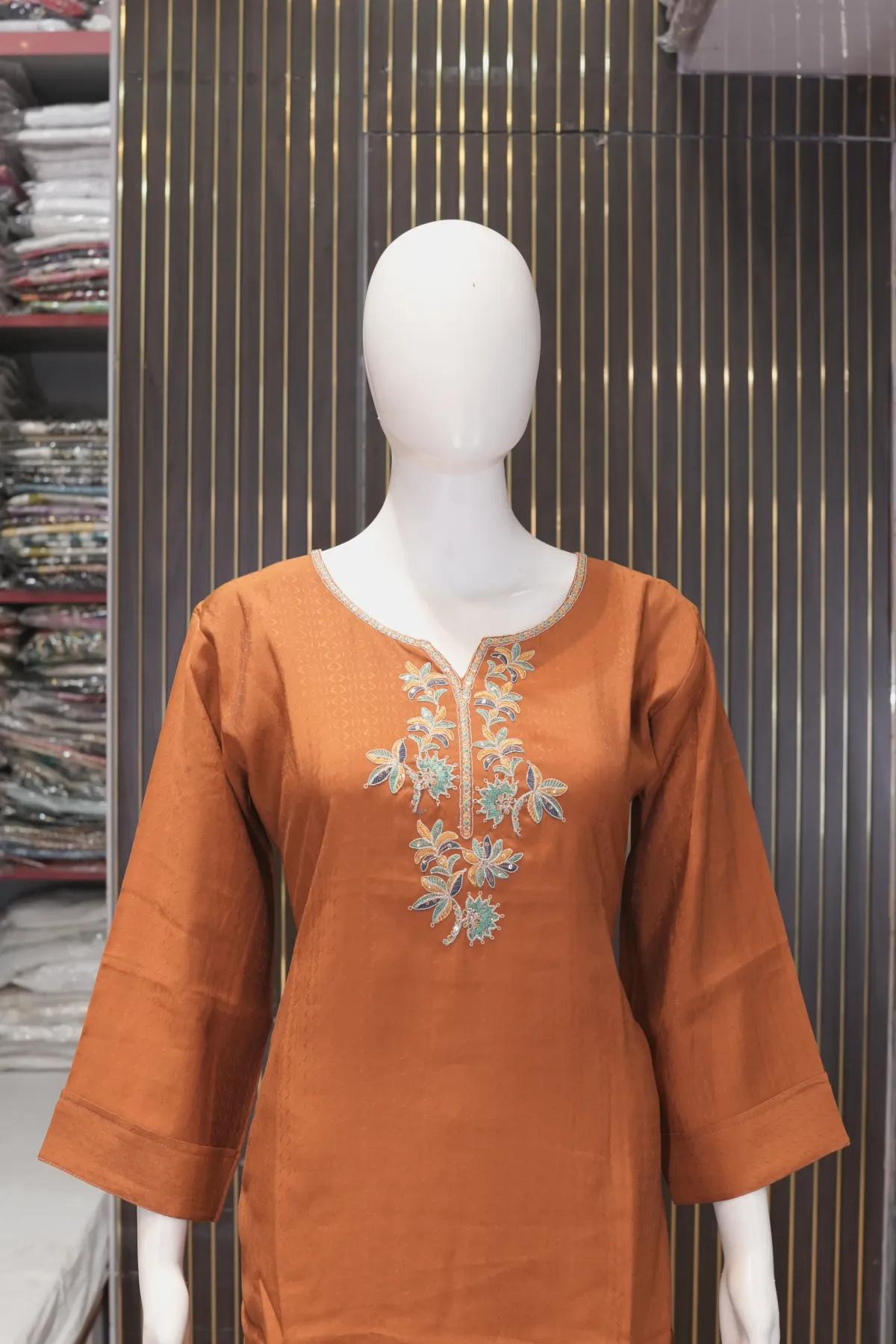 Rust Orange Straight Kurta Pant Set with Printed Dupatta thumbnail 5