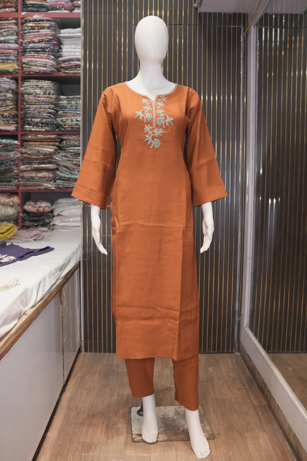 Rust Orange Straight Kurta Pant Set with Printed Dupatta thumbnail 4