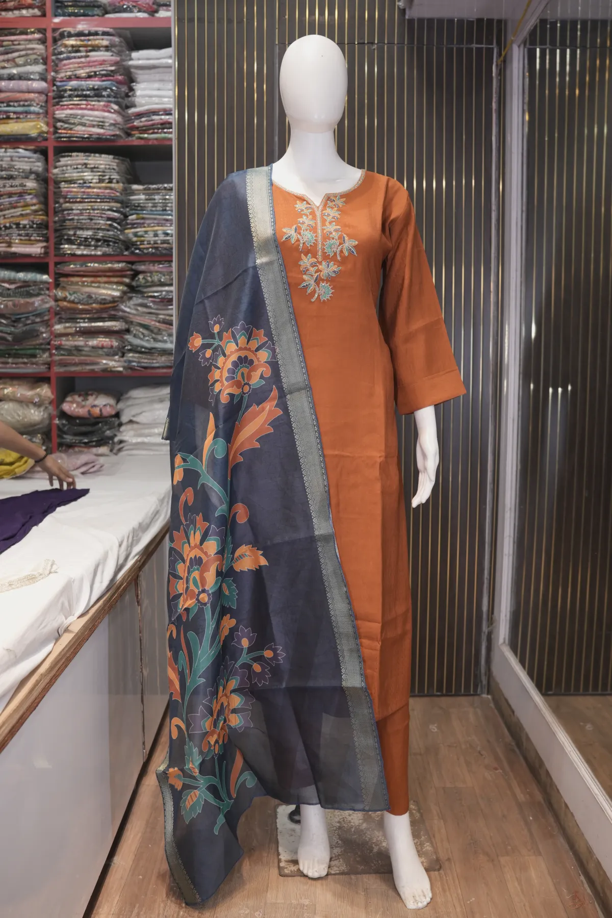 Rust Orange Straight Kurta Pant Set with Printed Dupatta thumbnail 2