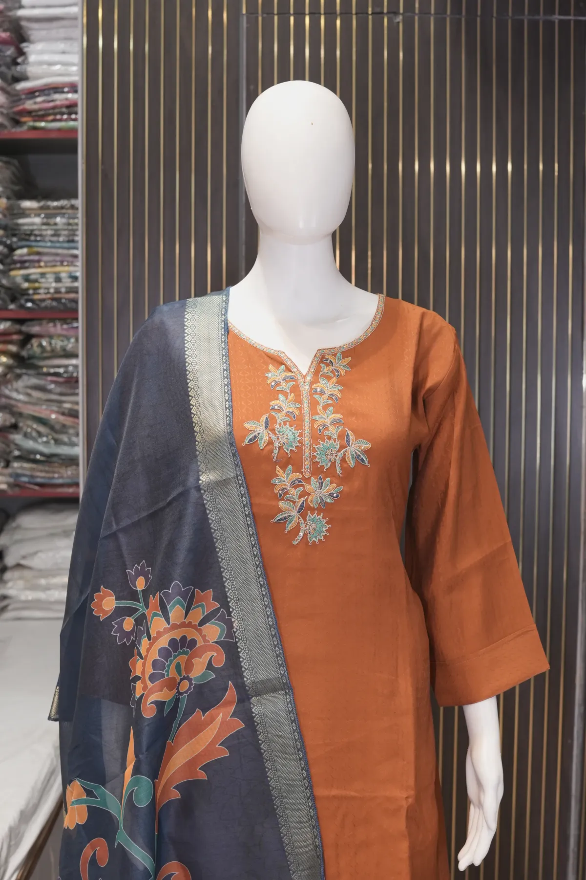 Rust Orange Straight Kurta Pant Set with Printed Dupatta thumbnail 3