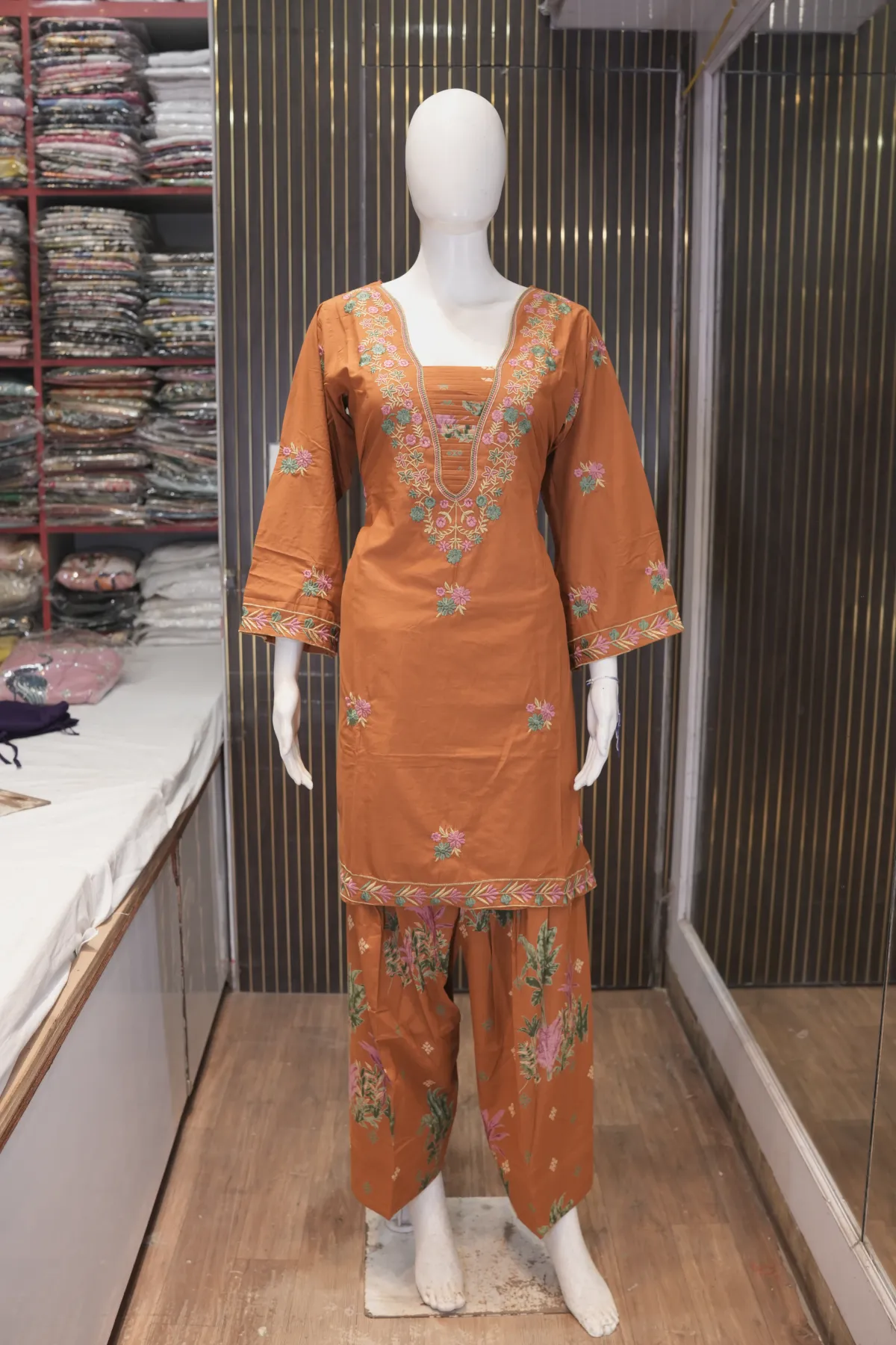Rust Orange Floral Printed & Embroidered Straight Kurta Set with Dupatta thumbnail 4