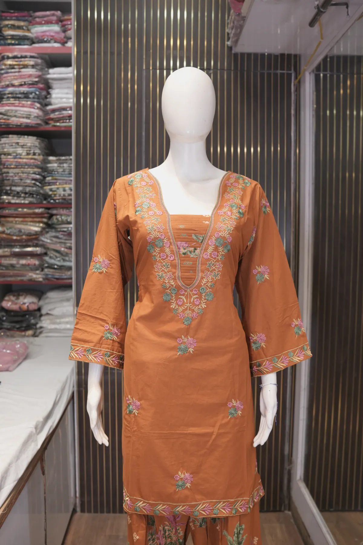 Rust Orange Floral Printed & Embroidered Straight Kurta Set with Dupatta thumbnail 5