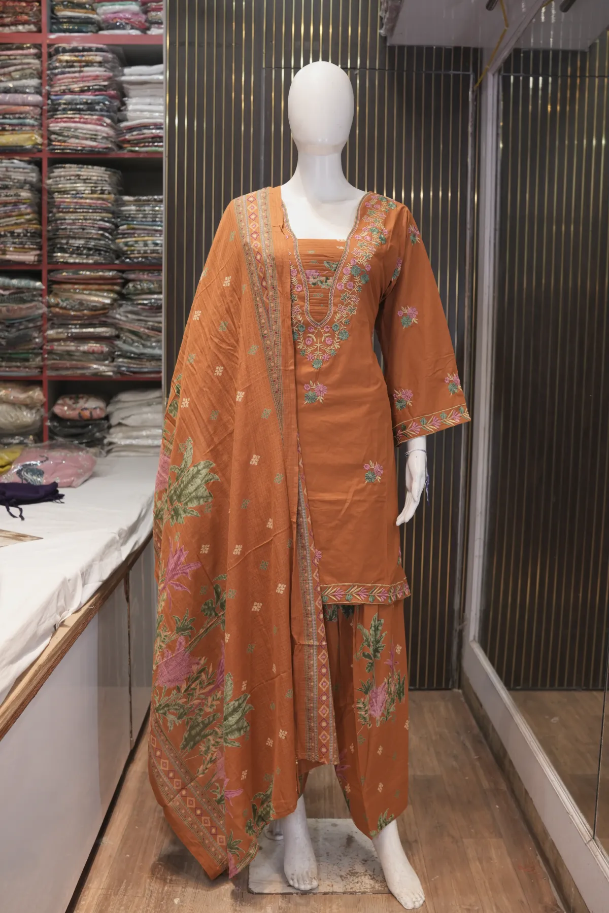 Rust Orange Floral Printed & Embroidered Straight Kurta Set with Dupatta thumbnail 2