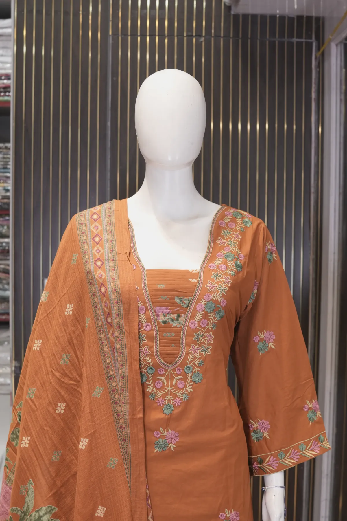 Rust Orange Floral Printed & Embroidered Straight Kurta Set with Dupatta thumbnail 3