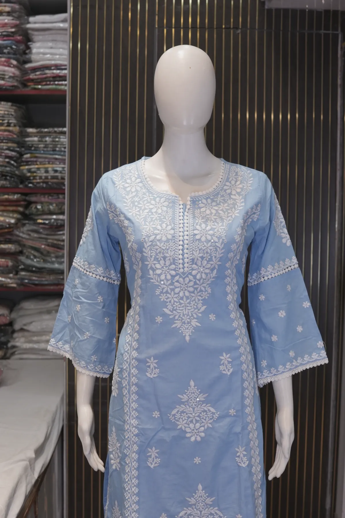 Powder Blue Embroidered Straight Kurta Set with Dupatta thumbnail 5
