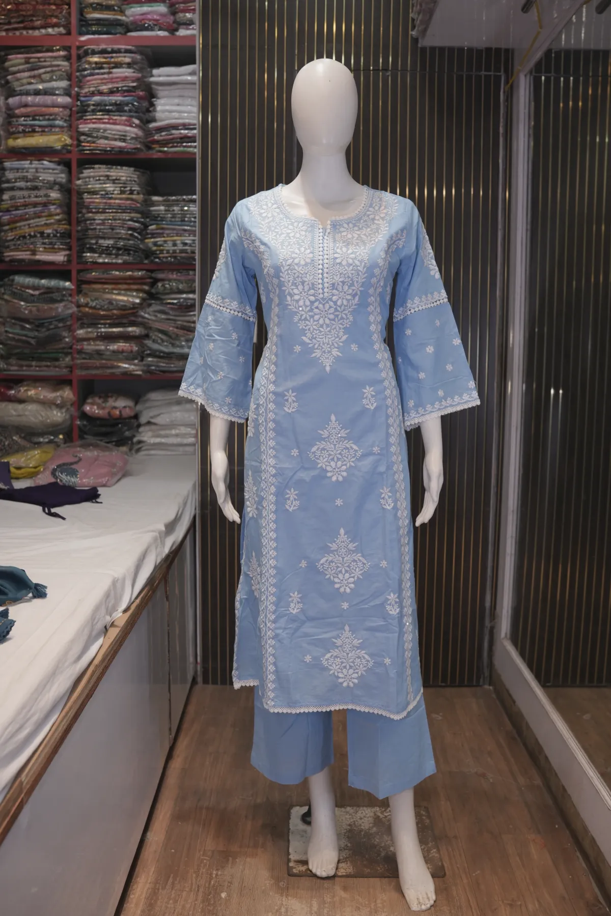 Powder Blue Embroidered Straight Kurta Set with Dupatta thumbnail 4