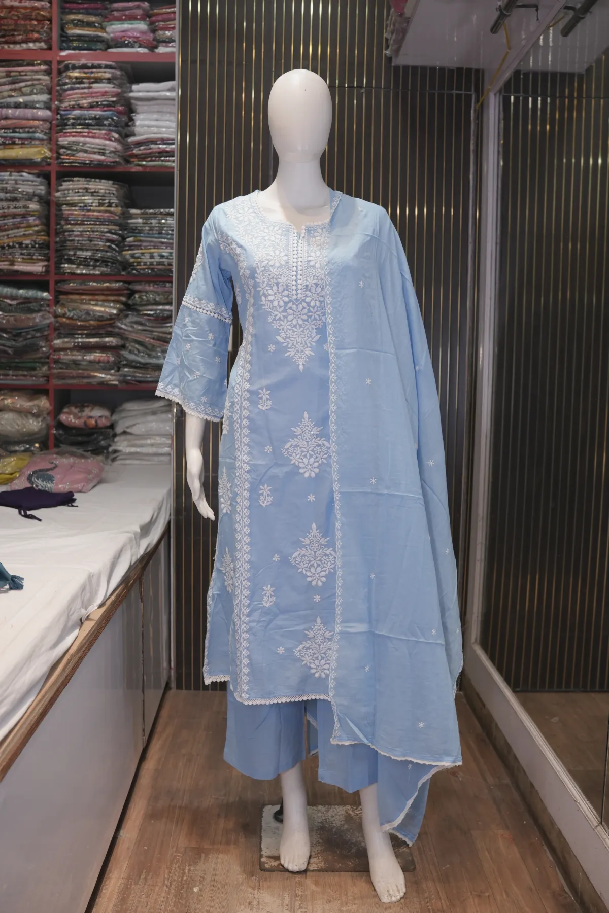 Powder Blue Embroidered Straight Kurta Set with Dupatta thumbnail 2