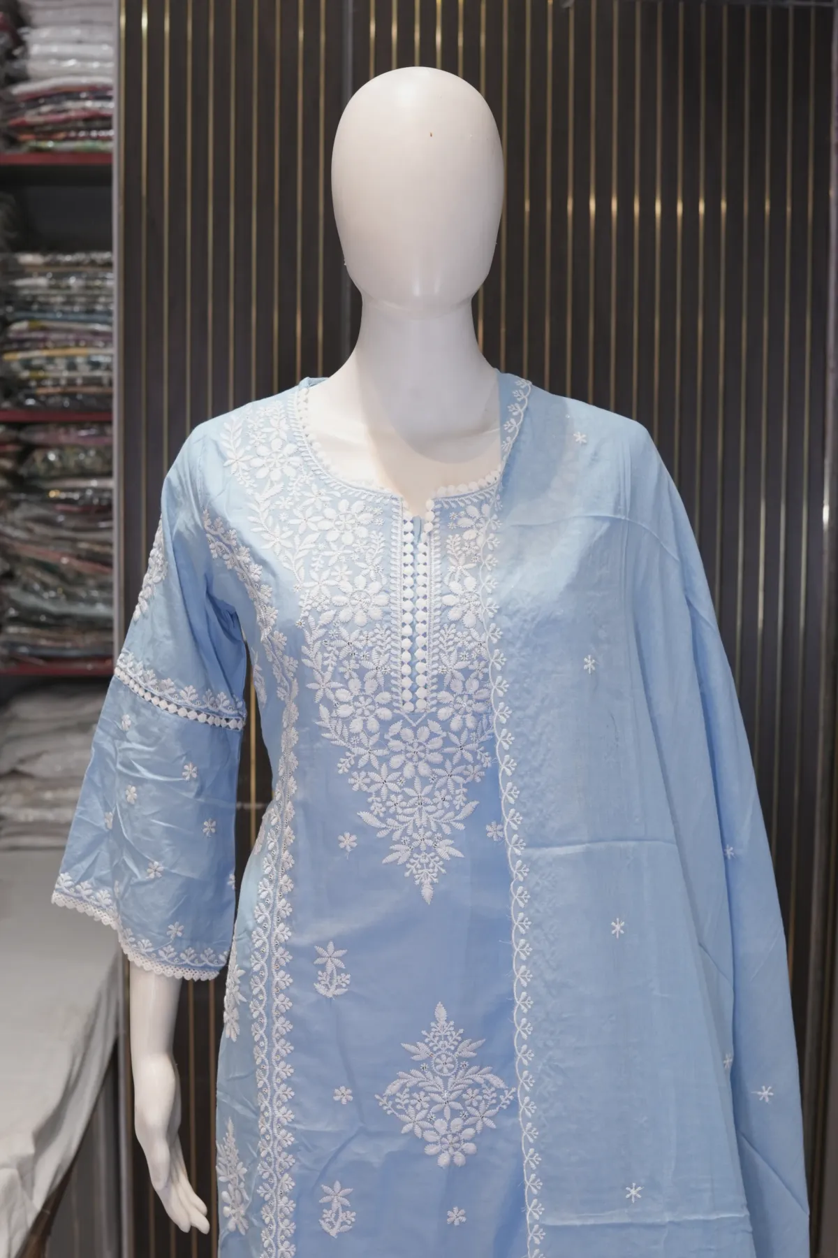Powder Blue Embroidered Straight Kurta Set with Dupatta thumbnail 3