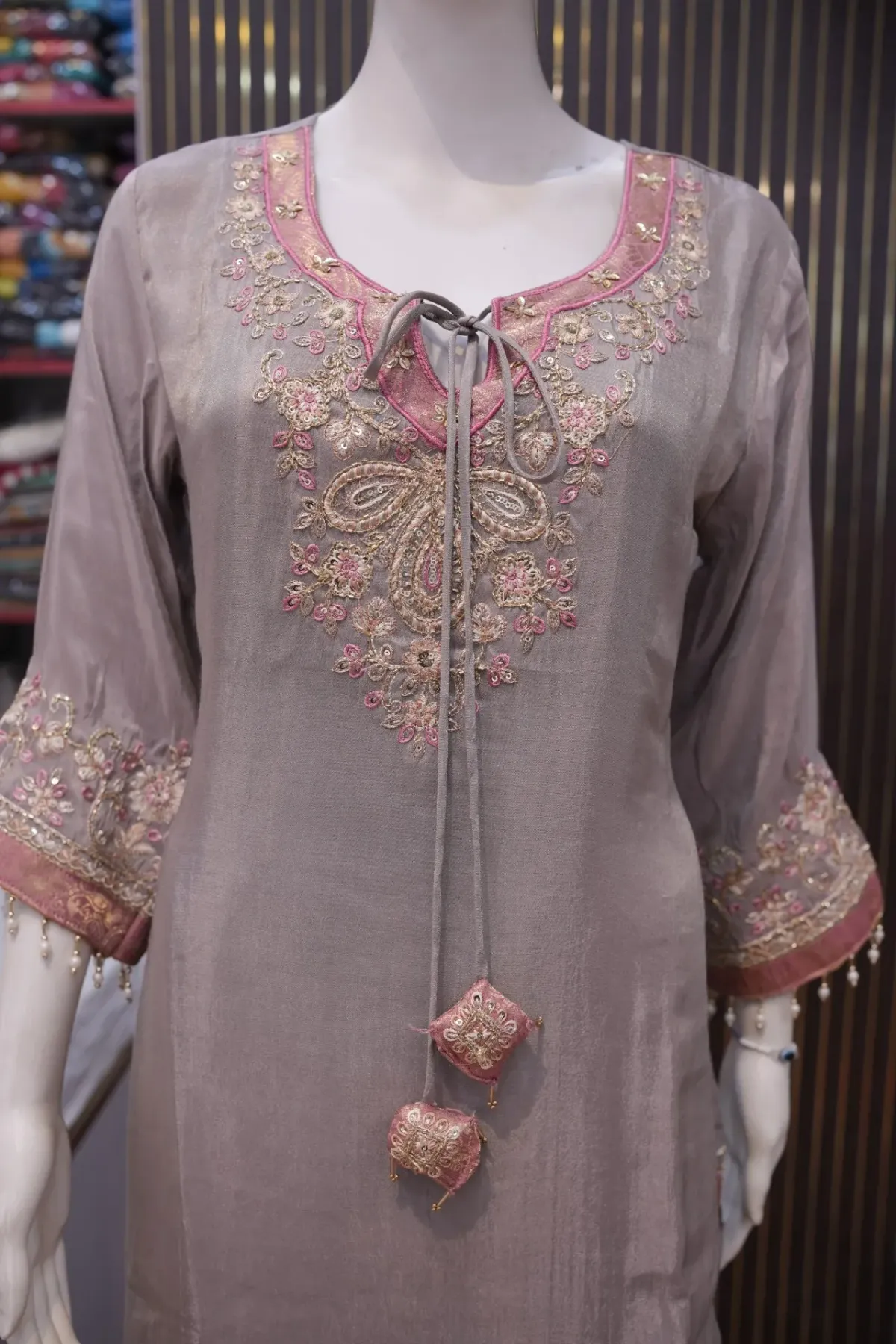 Dusty Mauve Embroidered Suit Set with Pearl-Trimmed Dupatta thumbnail 4