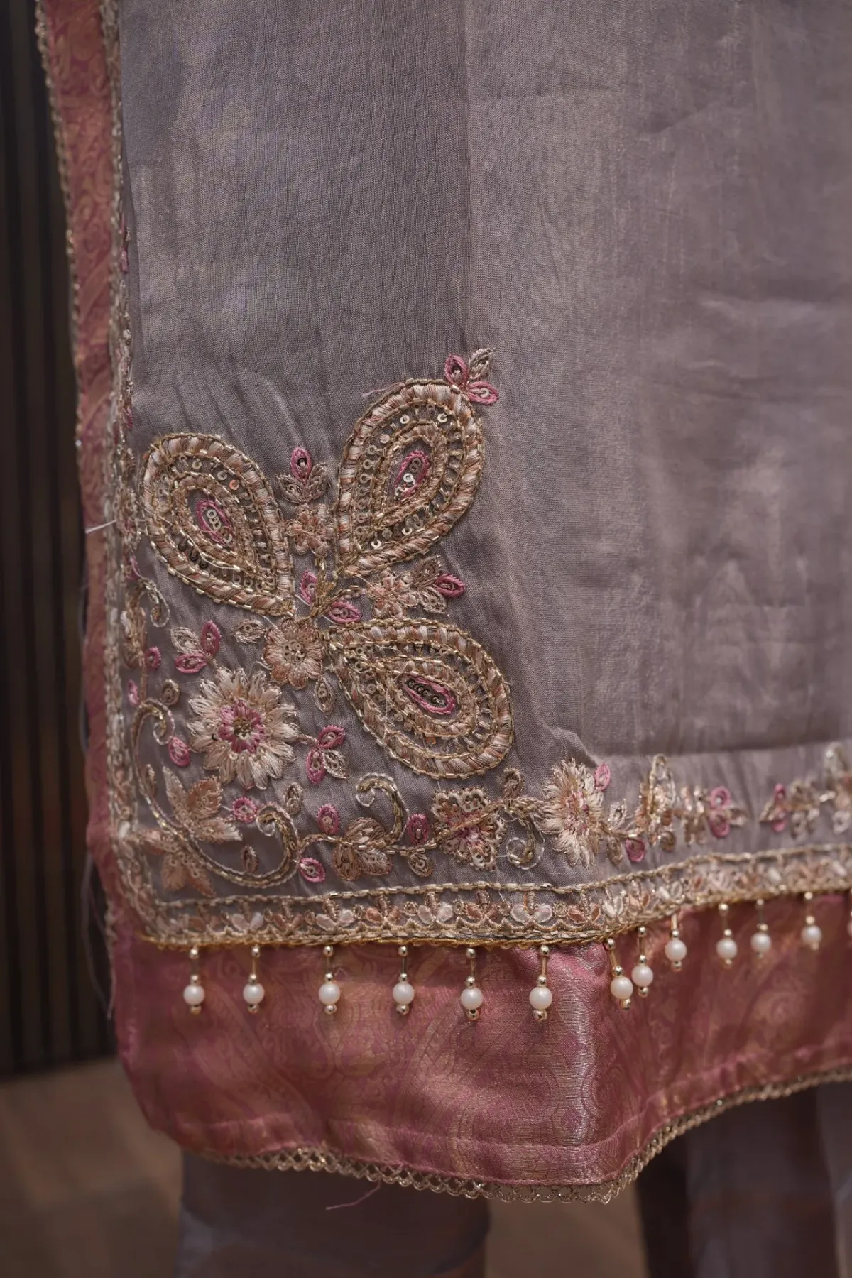 Dusty Mauve Embroidered Suit Set with Pearl-Trimmed Dupatta thumbnail 6