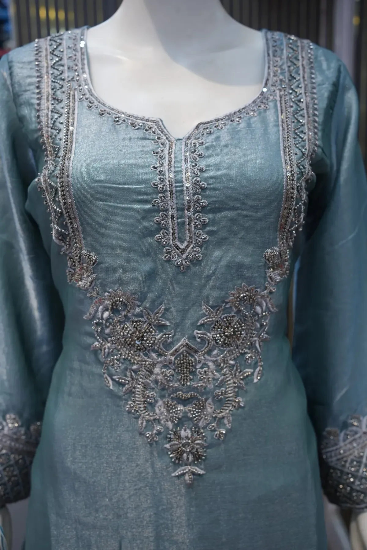 Teal Blue Embroidered Suit Set with Dupatta thumbnail 3