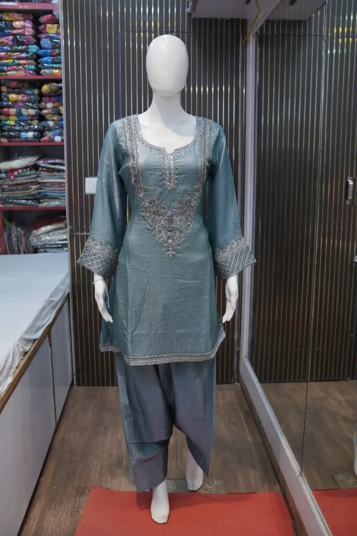Teal Blue Embroidered Suit Set with Dupatta thumbnail 4