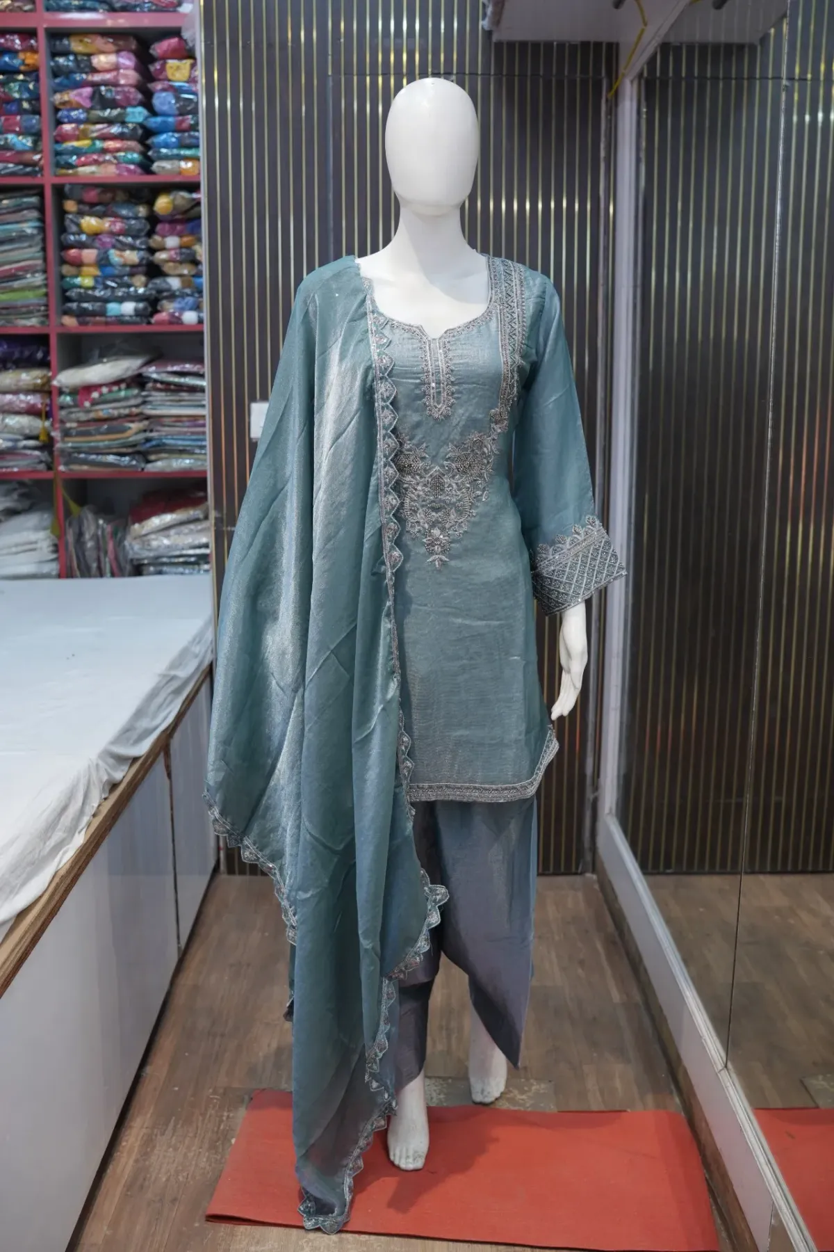 Teal Blue Embroidered Suit Set with Dupatta thumbnail 2
