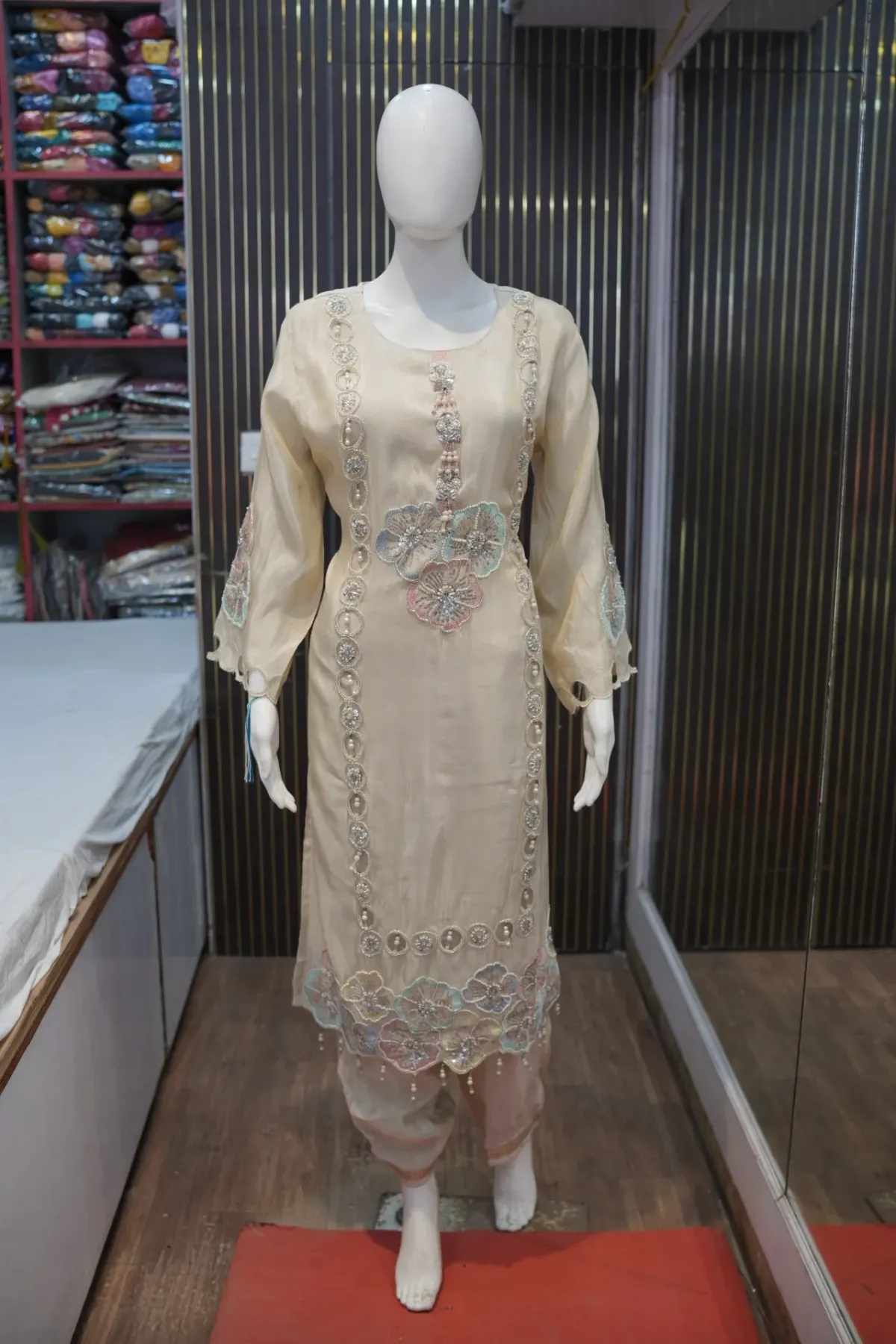 Pastel Ivory Embroidered Suit Set with Striped Dupatta thumbnail 3