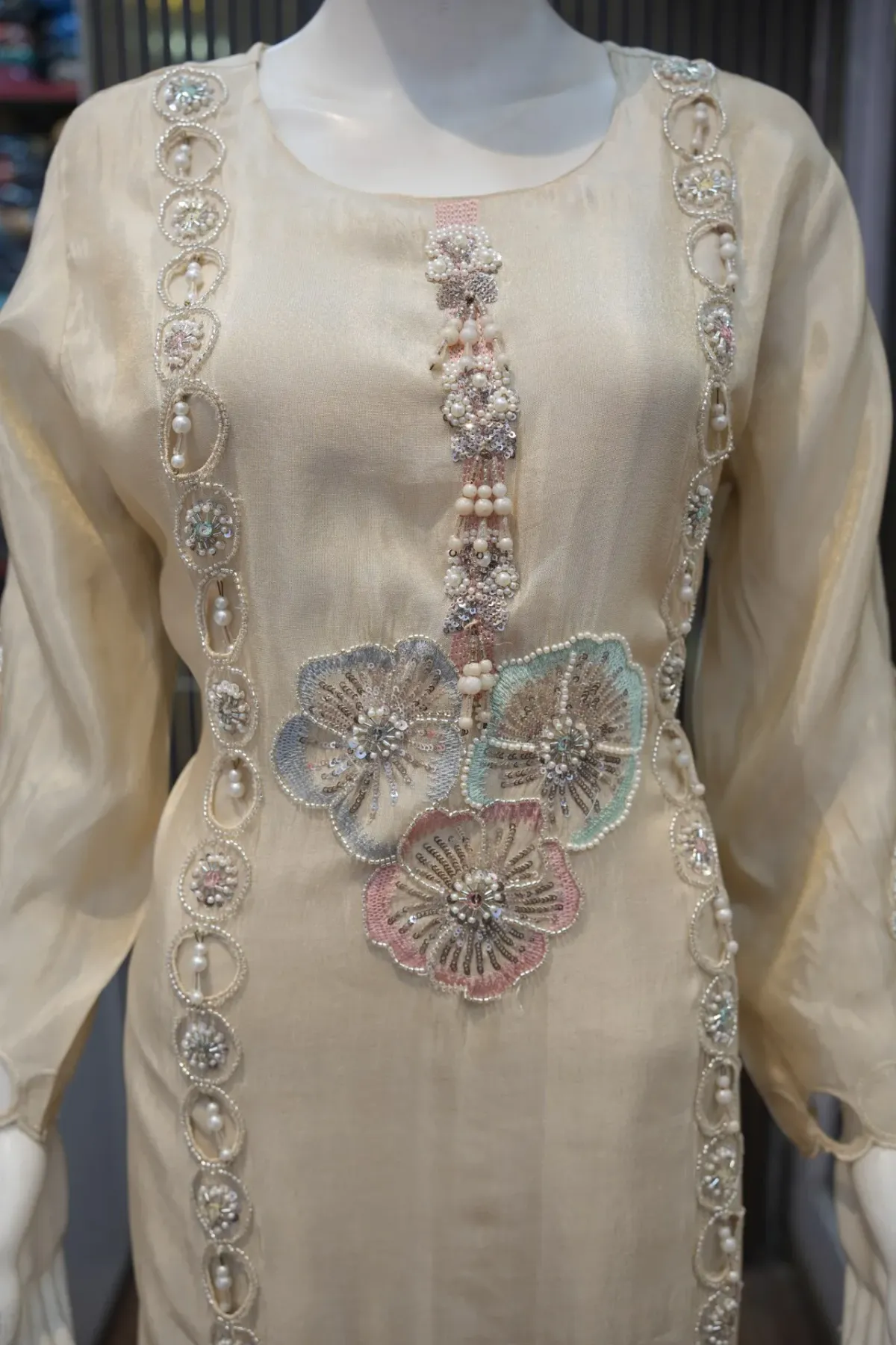Pastel Ivory Embroidered Suit Set with Striped Dupatta thumbnail 4