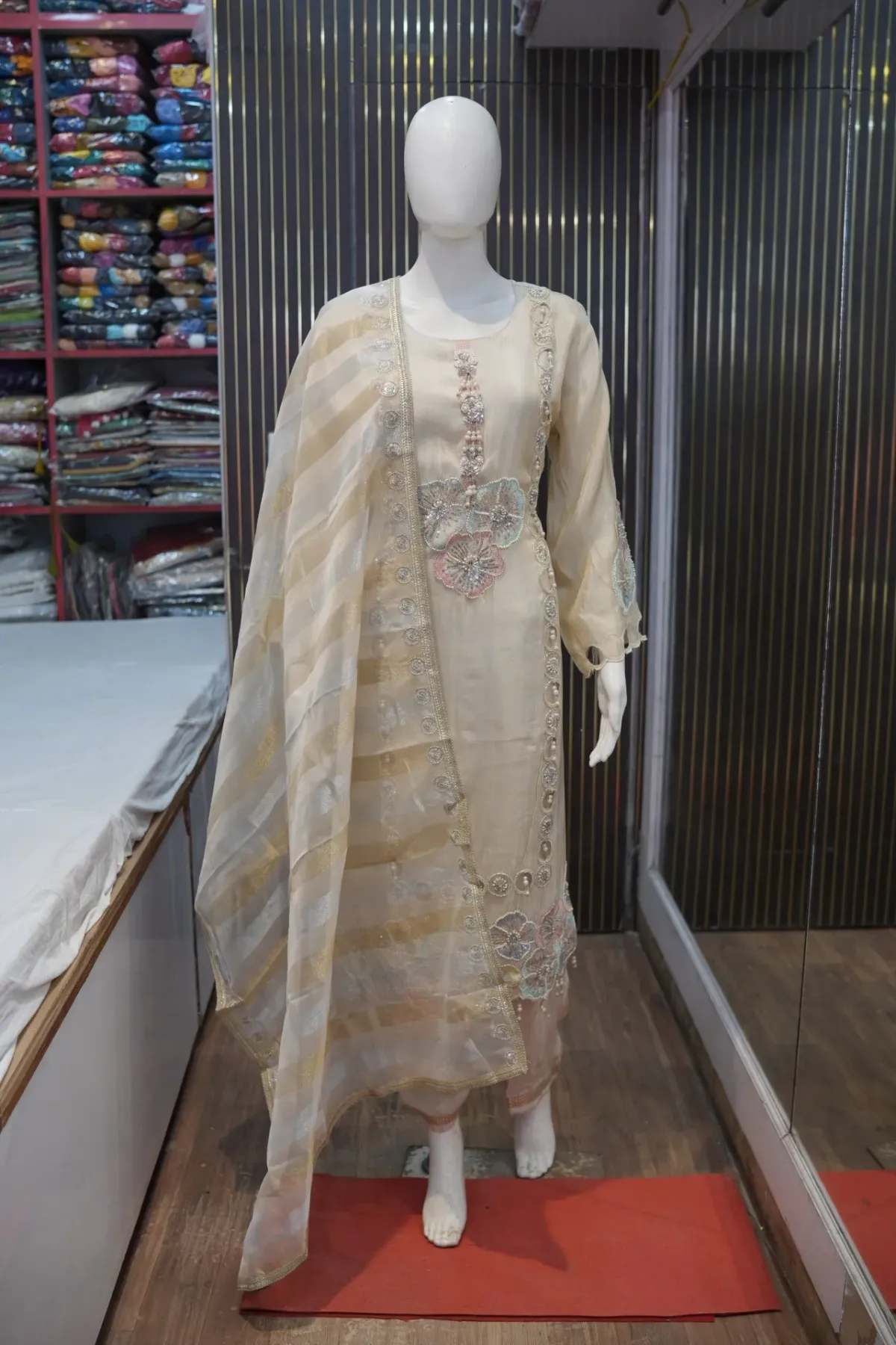 Pastel Ivory Embroidered Suit Set with Striped Dupatta thumbnail 2