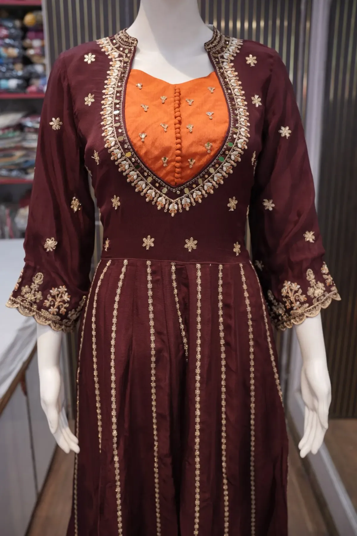 Maroon & Rust Gold-Embroidered Anarkali Suit Set thumbnail 2