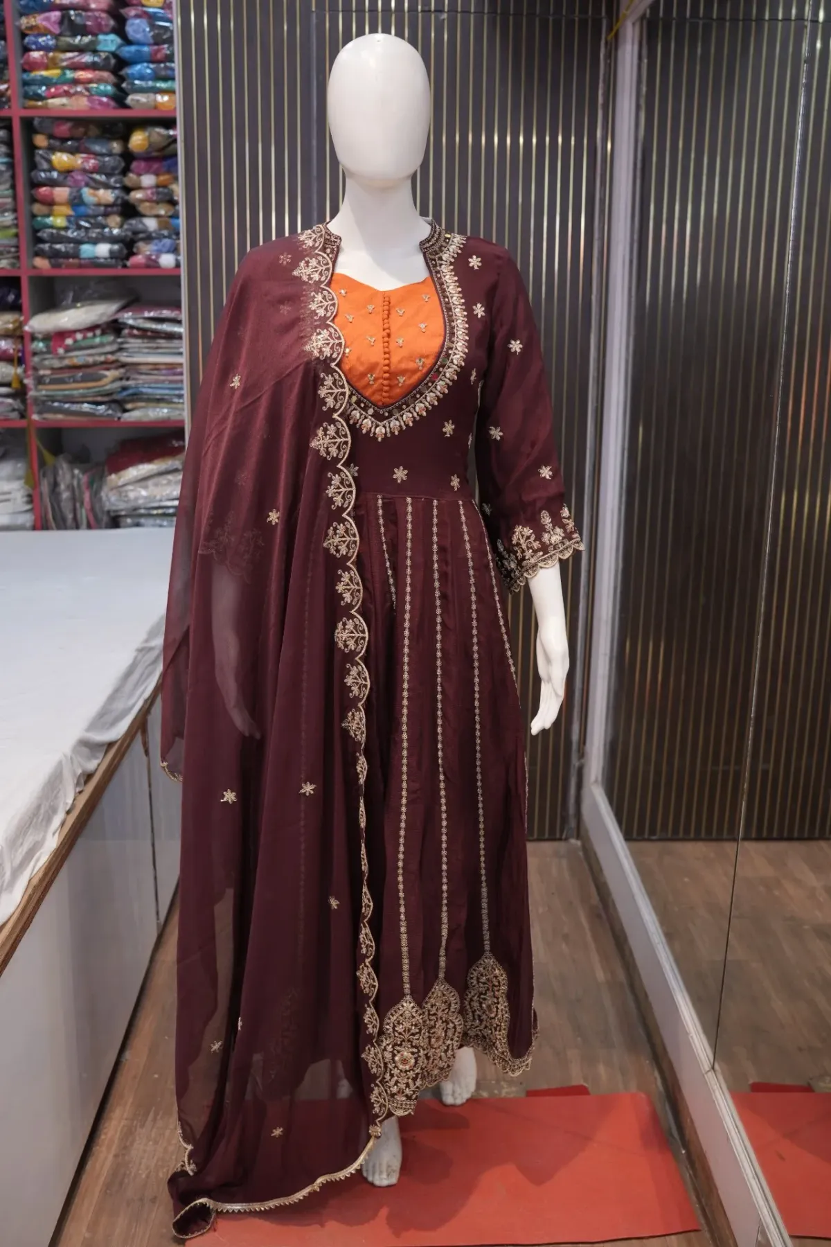 Maroon & Rust Gold-Embroidered Anarkali Suit Set thumbnail 3