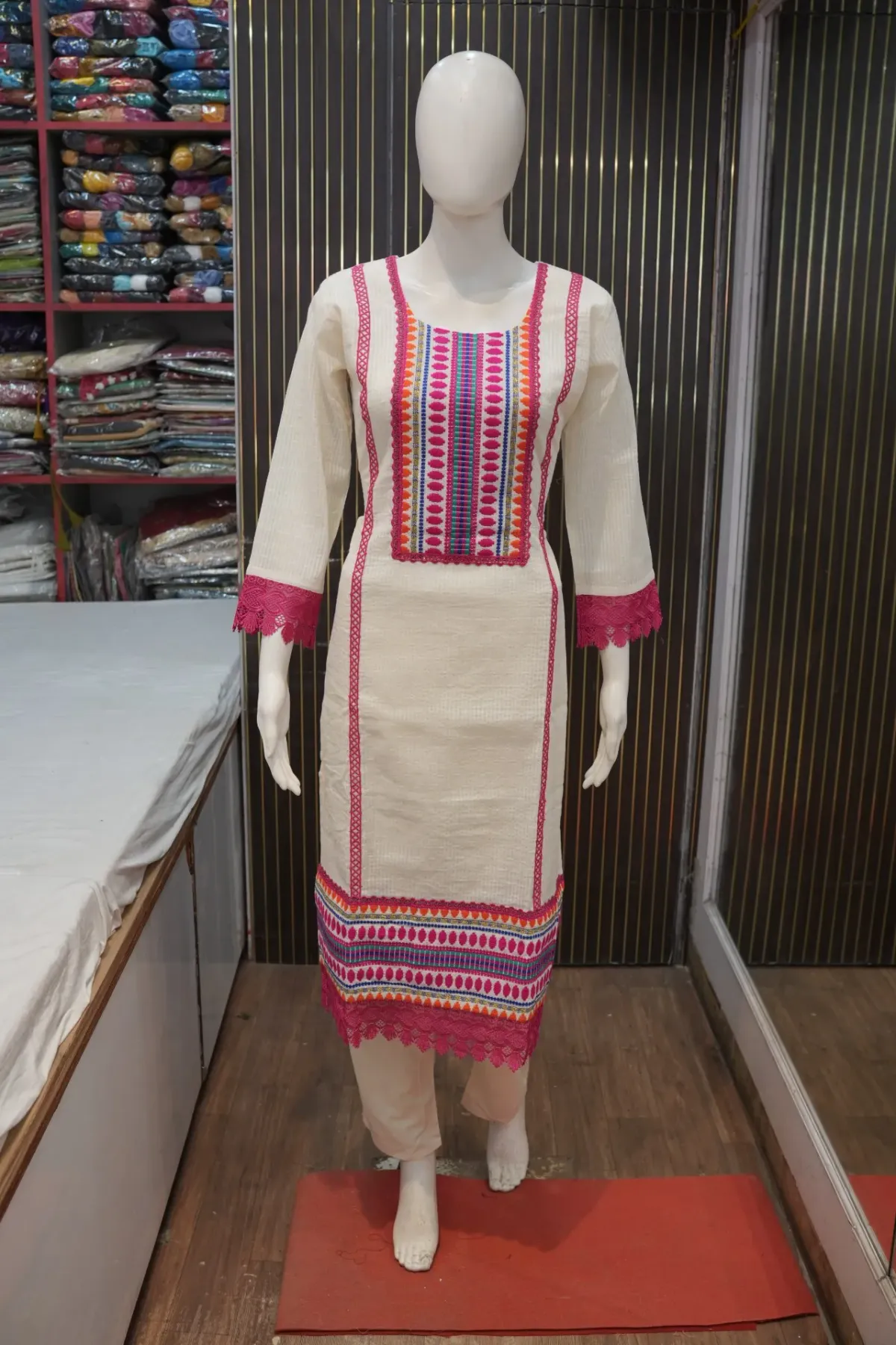 Cream Multicolor Embroidered Straight Suit Set with Dupatta thumbnail 3