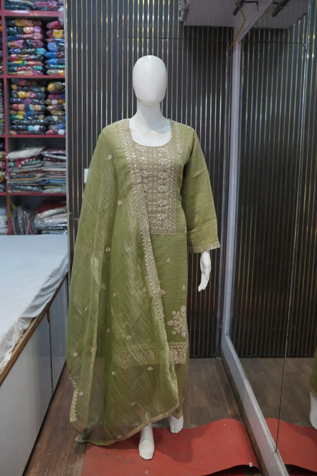 Olive Green Embroidered Kurta Set with Matching Dupatta thumbnail 2