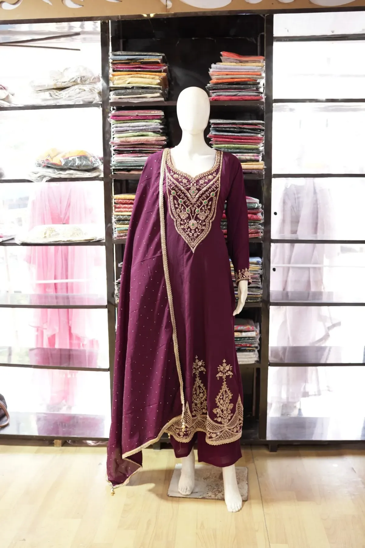 Royal Plum Gold Embroidered Kurta Palazzo Set with Dupatta thumbnail 2