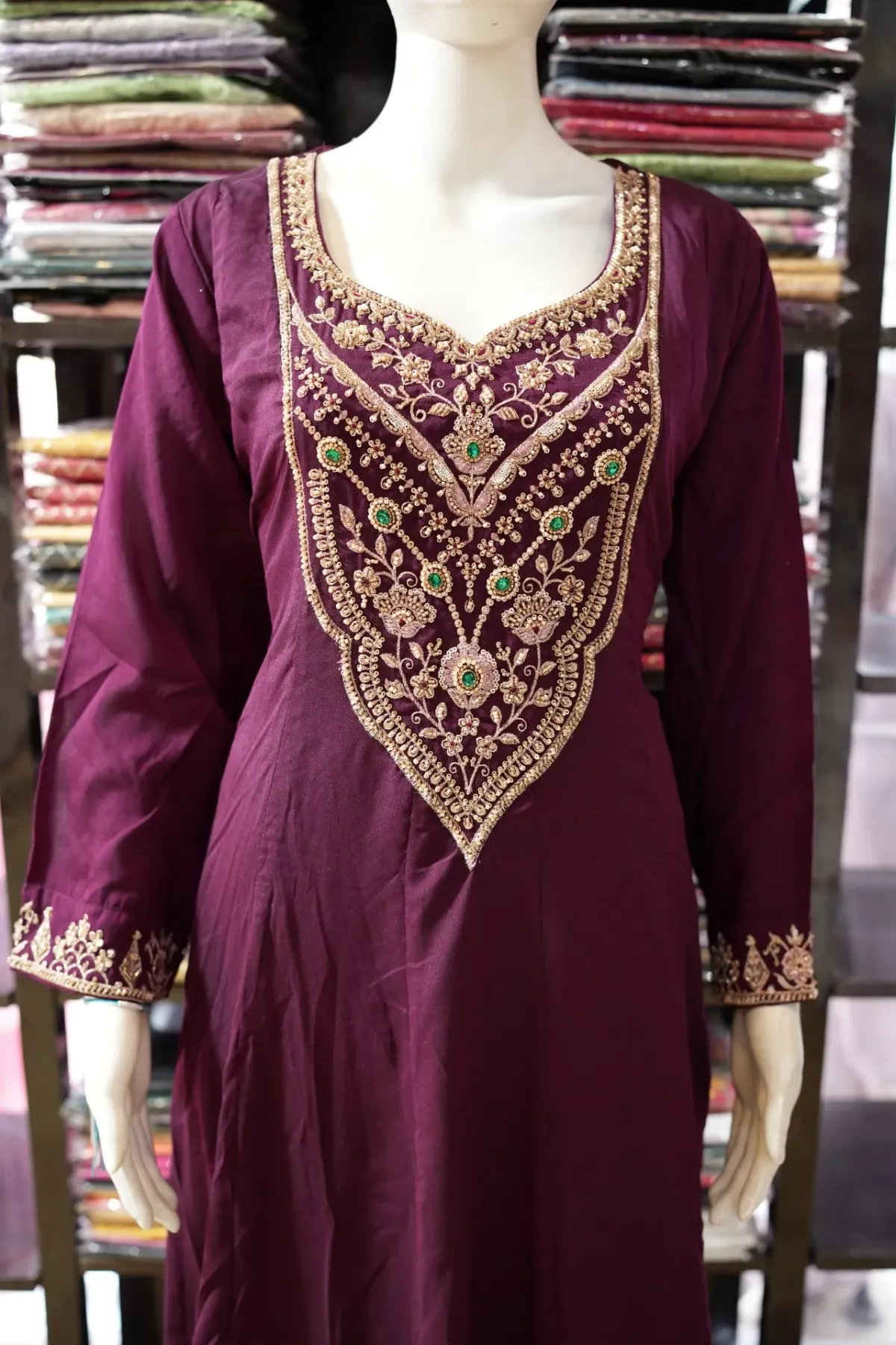 Royal Plum Gold Embroidered Kurta Palazzo Set with Dupatta thumbnail 4