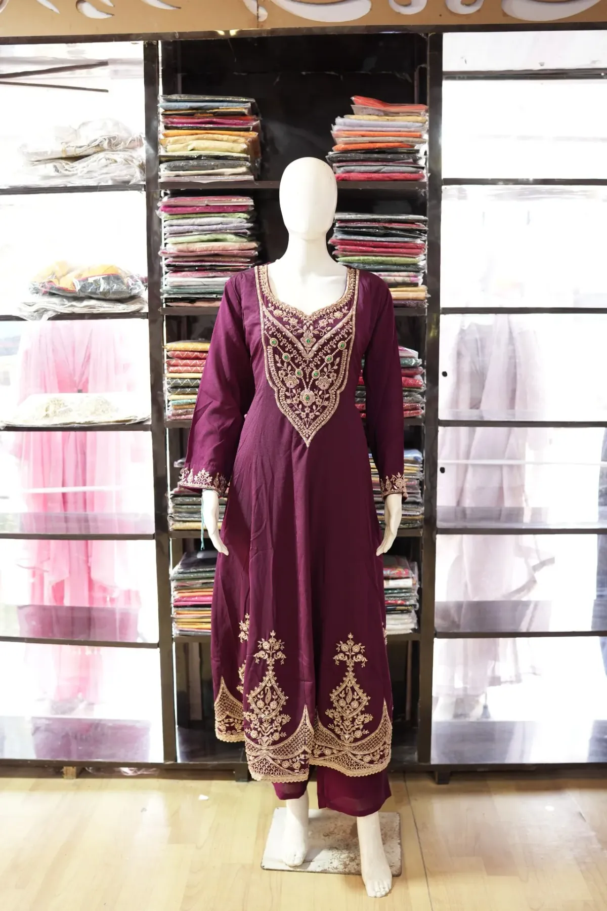 Royal Plum Gold Embroidered Kurta Palazzo Set with Dupatta thumbnail 3