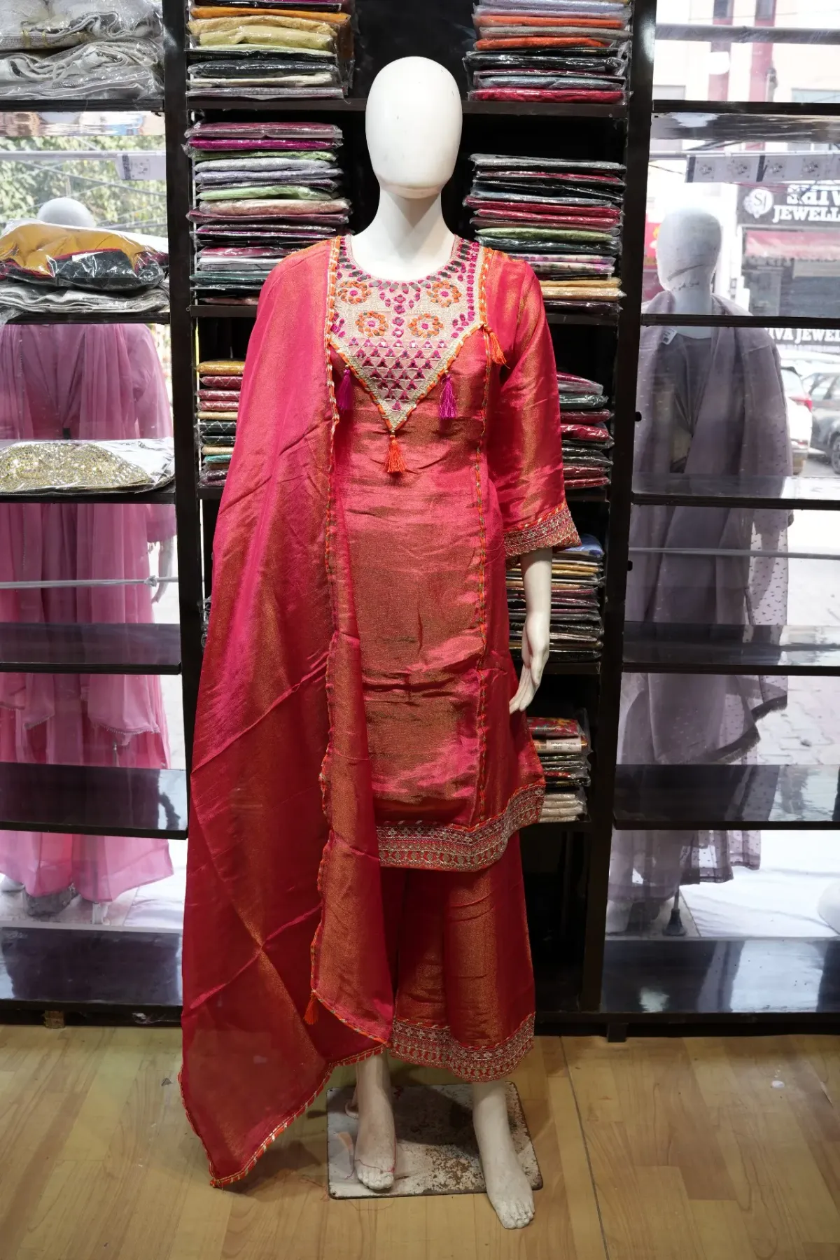 Fuchsia Pink Embroidered Festive Kurta Palazzo Set with Dupatta thumbnail 2