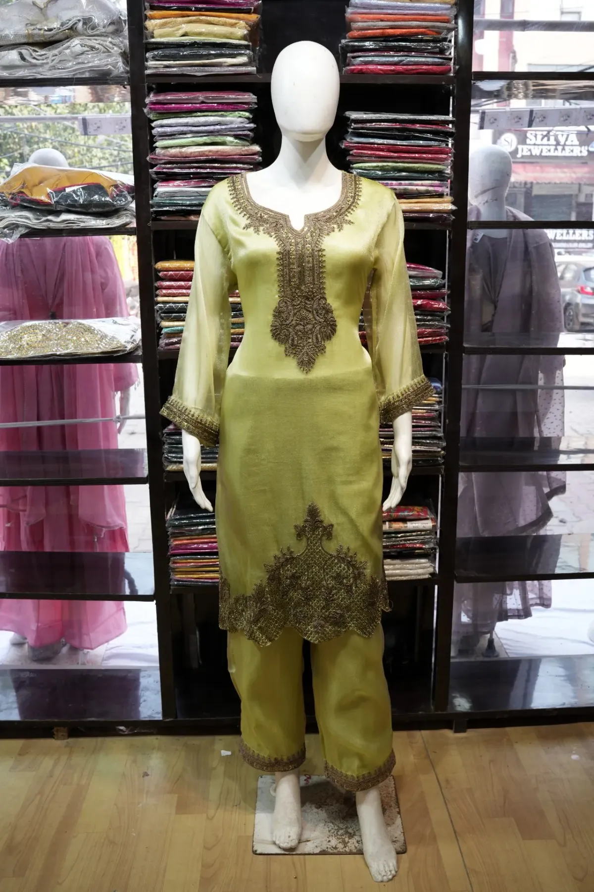 Olive Green Embroidered Salwar Suit Set with Matching Dupatta thumbnail 3