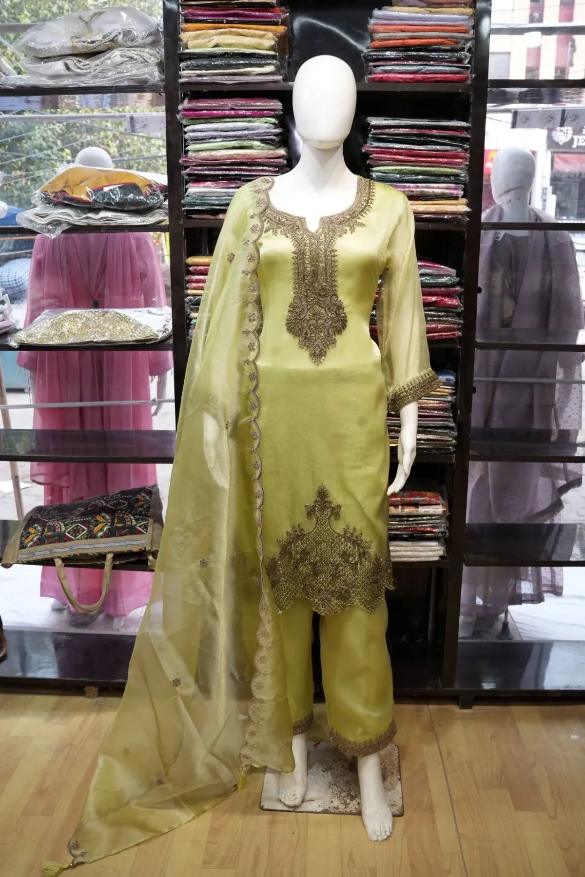 Olive Green Embroidered Salwar Suit Set with Matching Dupatta thumbnail 2