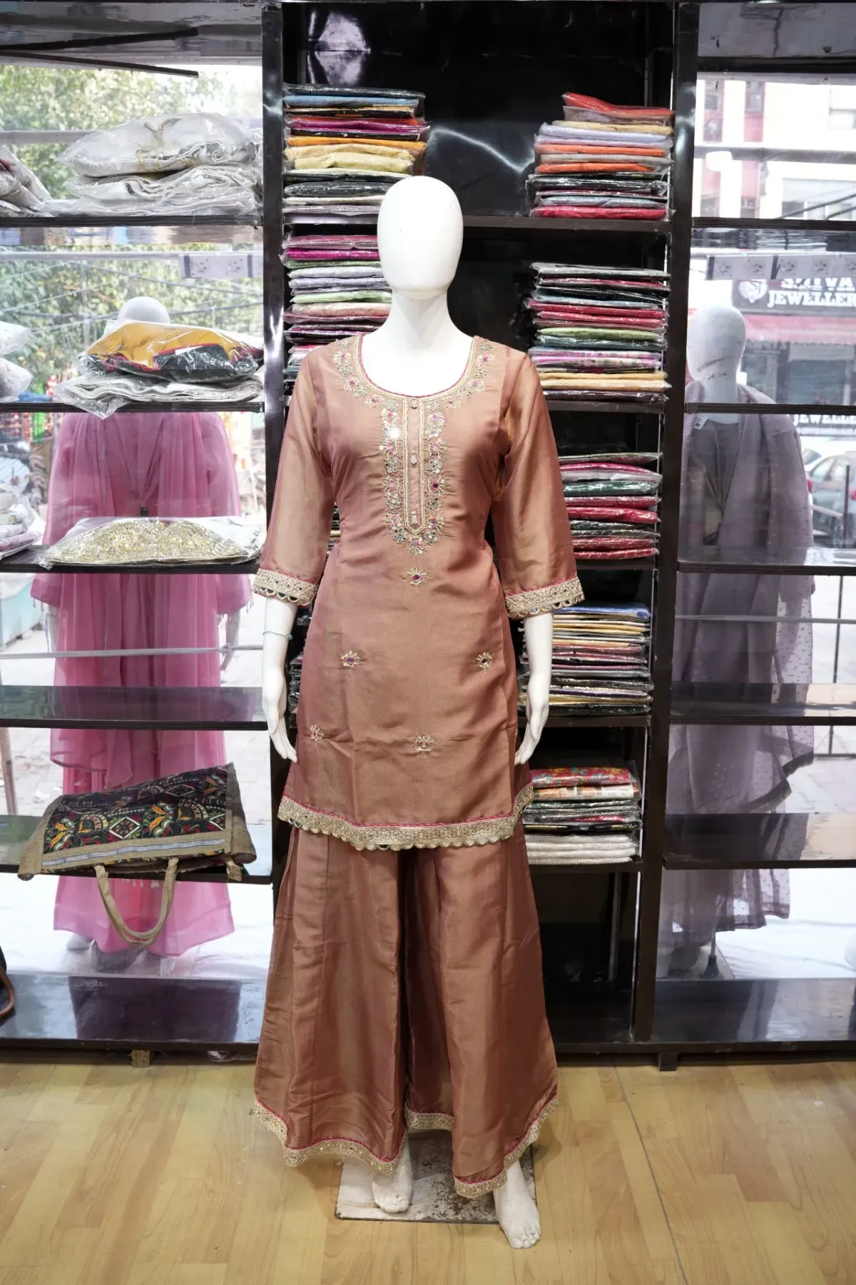Rose Taupe Embroidered Palazzo Suit Set with Pink Dupatta thumbnail 3