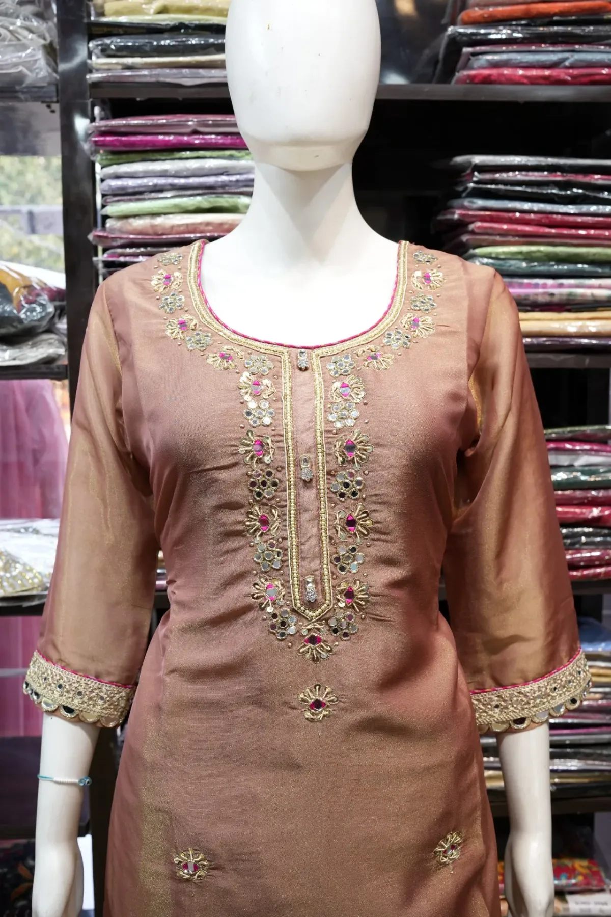 Rose Taupe Embroidered Palazzo Suit Set with Pink Dupatta thumbnail 4
