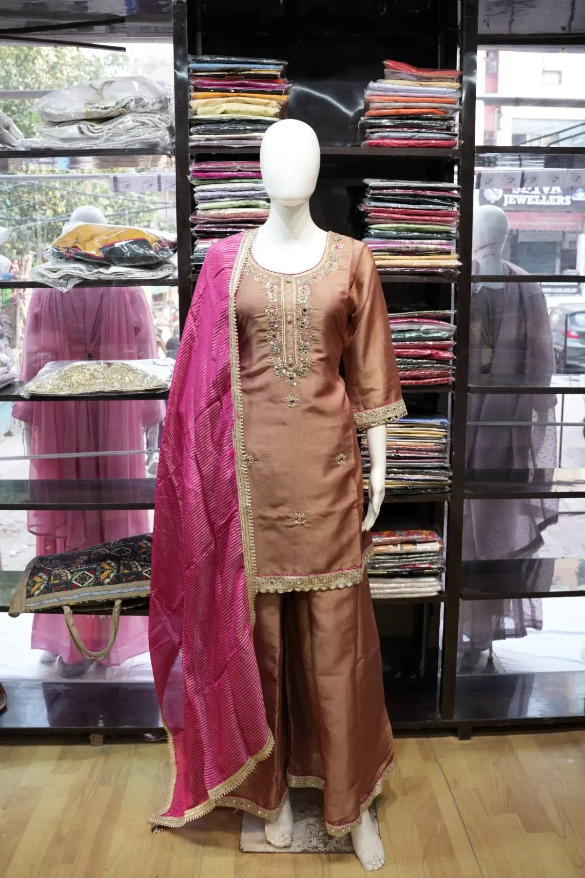 Rose Taupe Embroidered Palazzo Suit Set with Pink Dupatta thumbnail 2