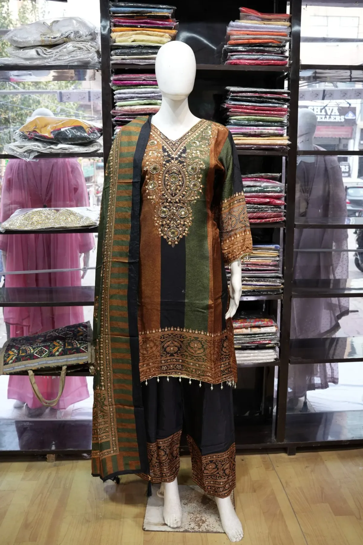 Olive Green, Rust & Black Embroidered Salwar Suit Set with Striped Dupatta thumbnail 2
