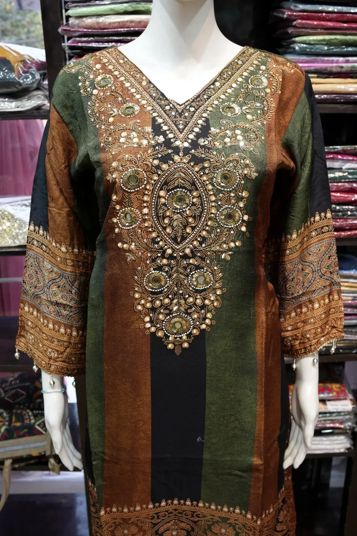 Olive Green, Rust & Black Embroidered Salwar Suit Set with Striped Dupatta thumbnail 3