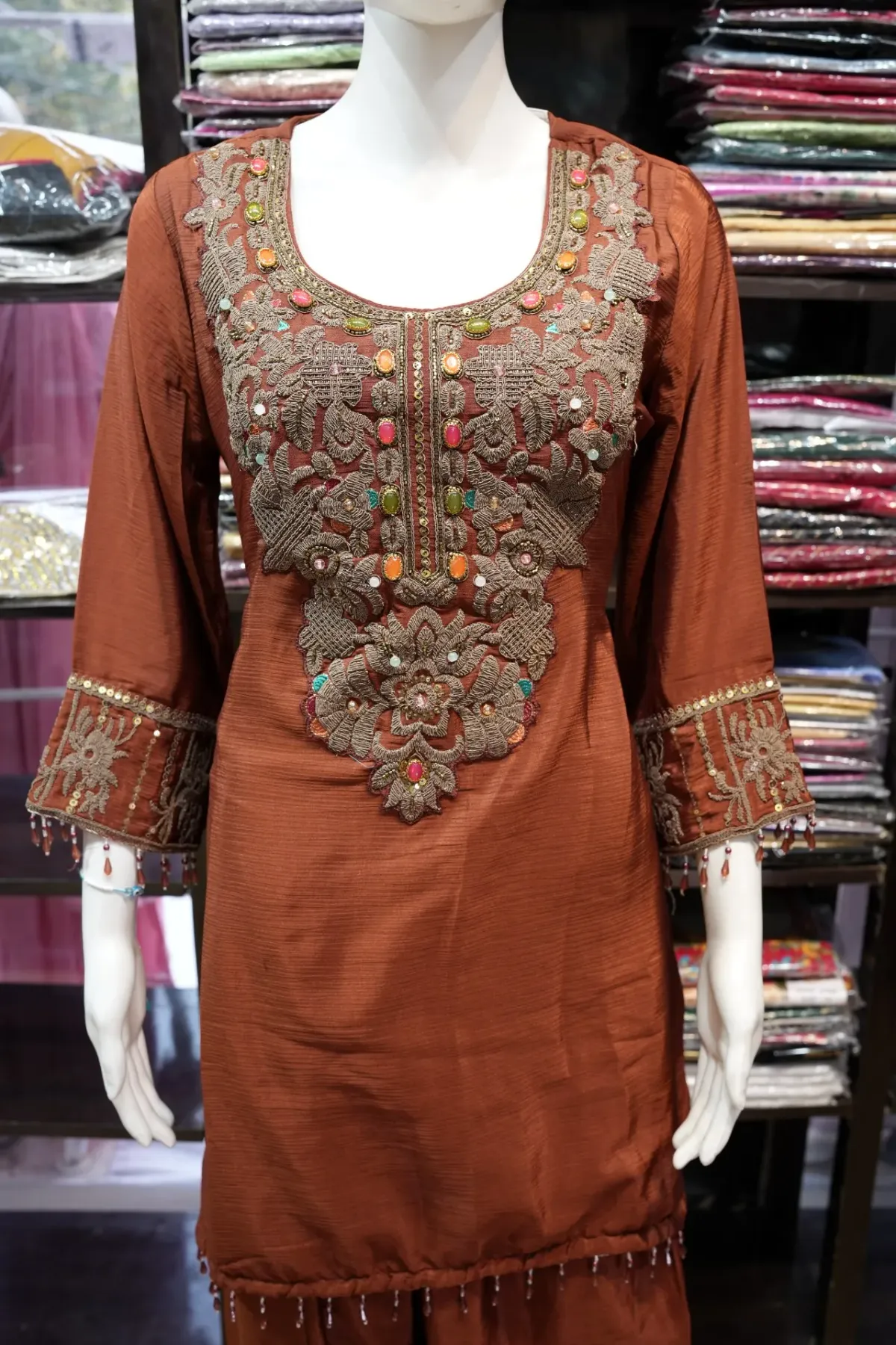 Rust Brown Embroidered Salwar Suit Set with Matching Dupatta thumbnail 3
