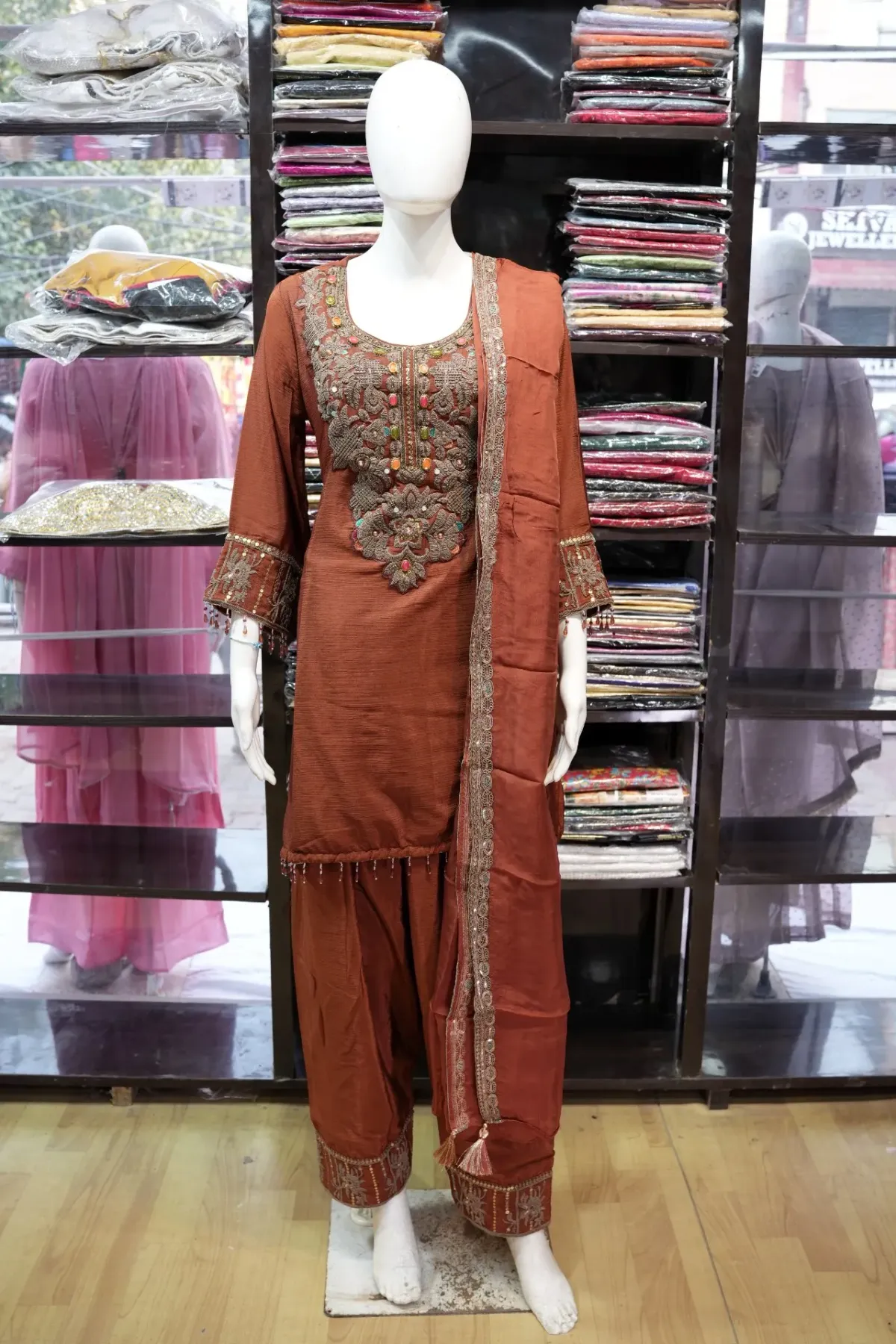 Rust Brown Embroidered Salwar Suit Set with Matching Dupatta thumbnail 2